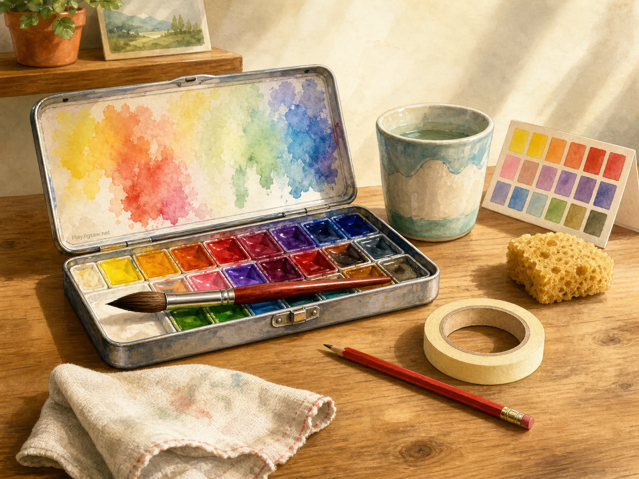 A tidy artist workbench with an open watercolor paint box, round brush, ceramic water cup, color swatch card, sponge, masking tape, red pencil, and linen rag