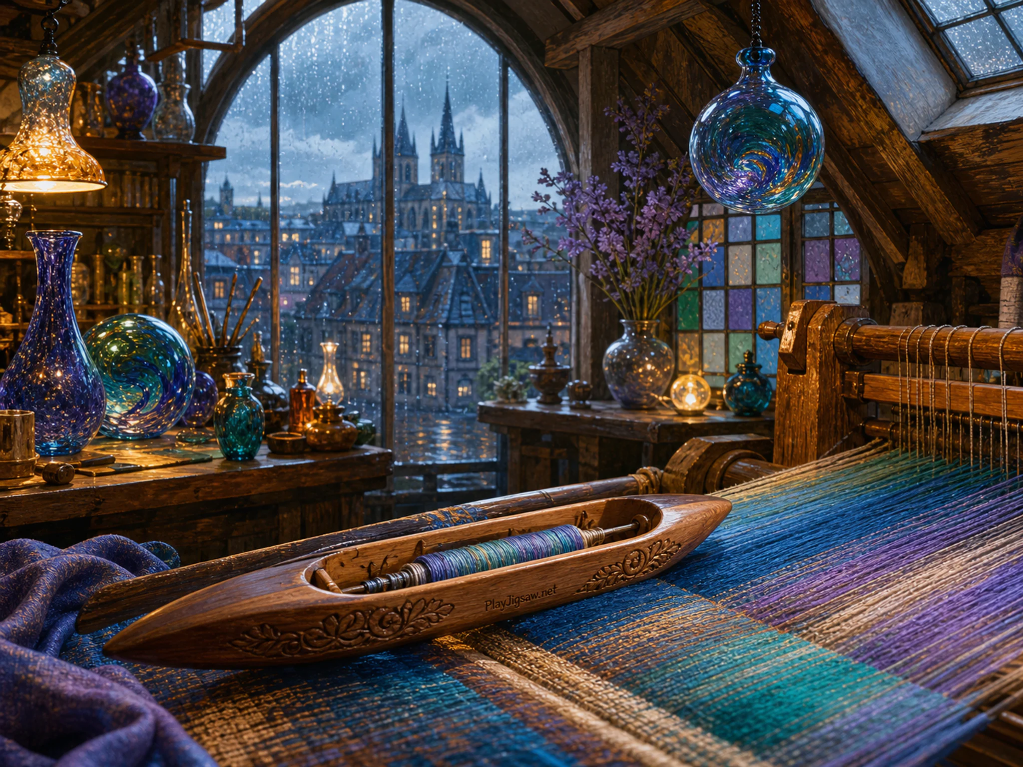 Attic Atelier aligned across carved wooden shuttle in a jewel-toned glass workshop, with layered scenery and gentle rain with crisp reflections.
