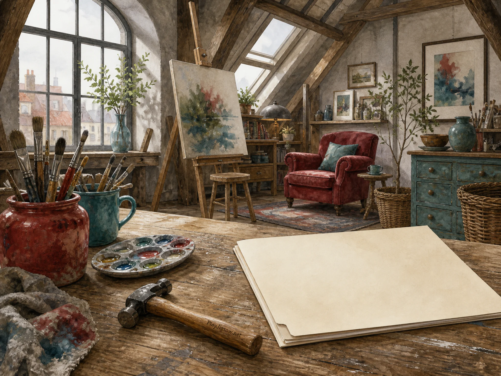 Attic Atelier waiting beside bone paper folder in an airy artist loft, with layered scenery and soft overcast afternoon.