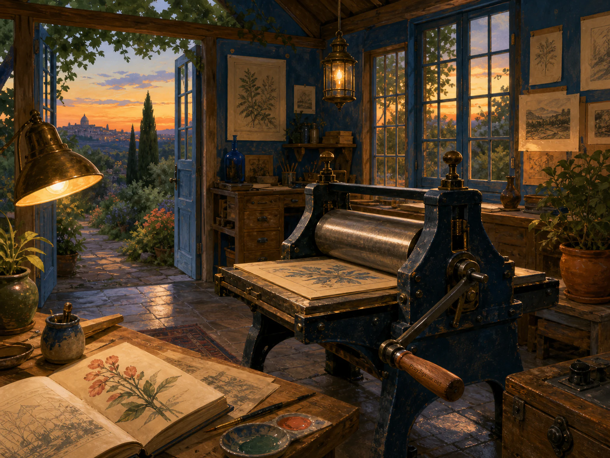 Garden Sketch Room folded around heavy proofing roller in a practical maker forge, with layered scenery and golden lamplight at dusk.