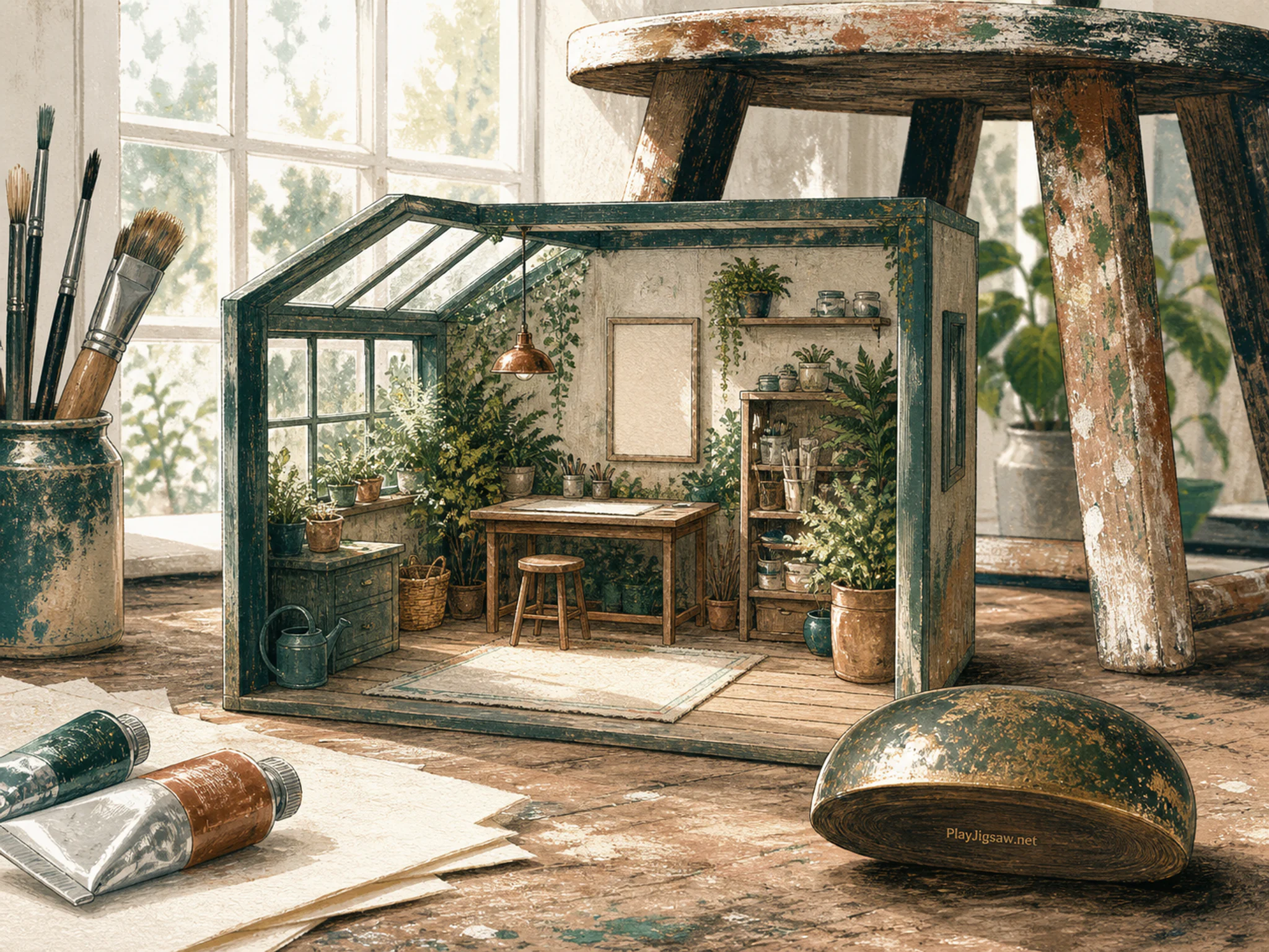 Garden Sketch Room resting beneath paint-spattered stool in a north-lit studio table, with layered scenery and bright diffused window light.