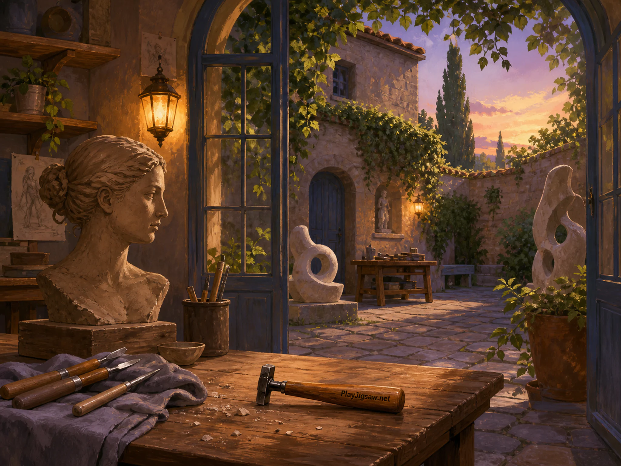 Sculptor Courtyard catching light above small chasing hammer in an airy artist loft, with layered scenery and golden lamplight at dusk.