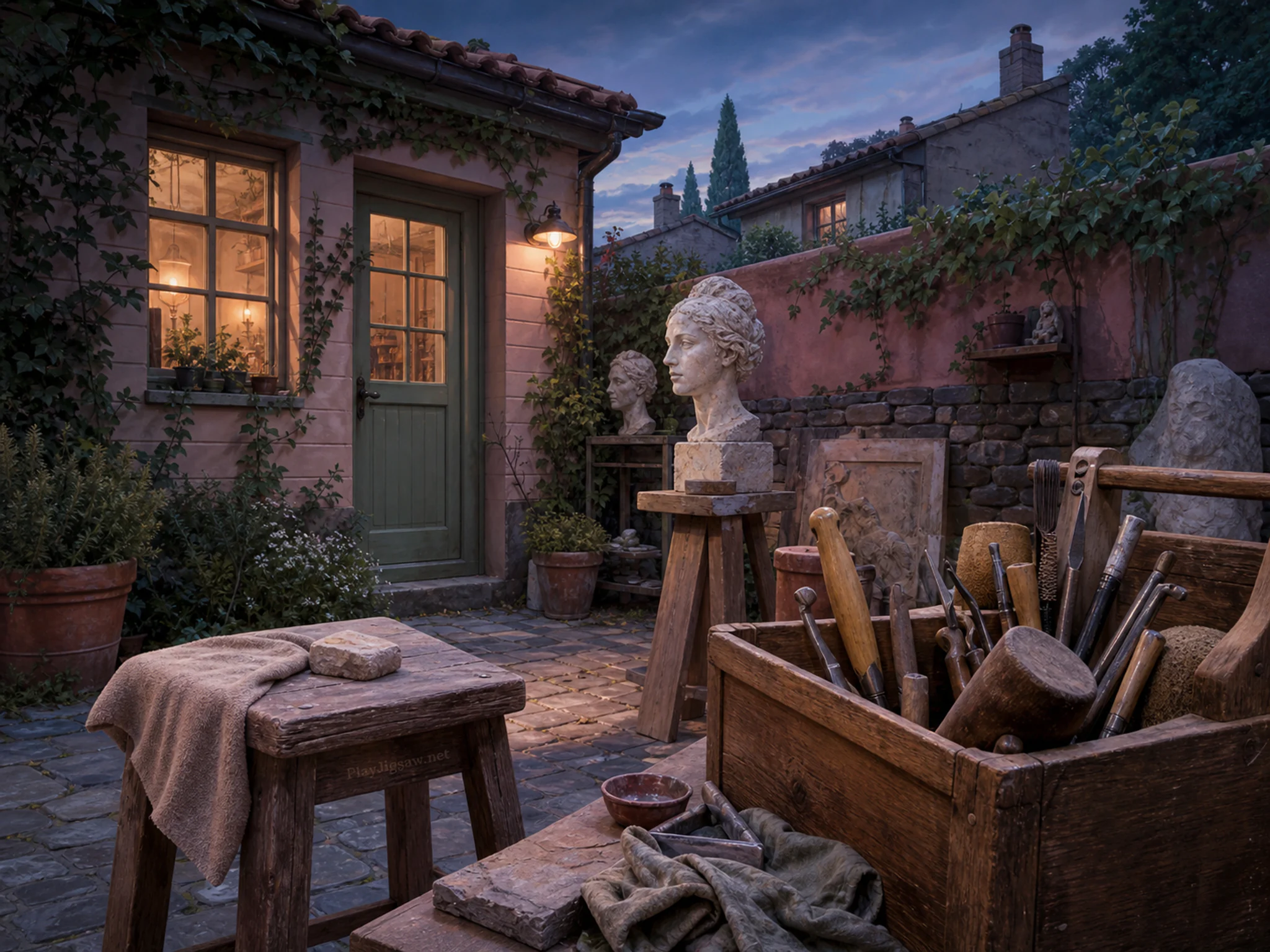 sculptor courtyard arranged naturally beside a wooden tool caddy in a small sculptor courtyard behind a family home, with familiar objects and cool blue-hour light.