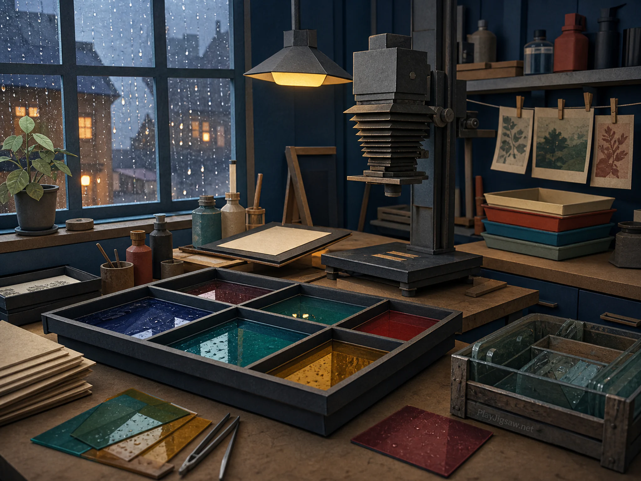 Vintage Darkroom being prepared near sorted colored glass tray in a quiet paper craft room, with layered scenery and gentle rain with crisp reflections.