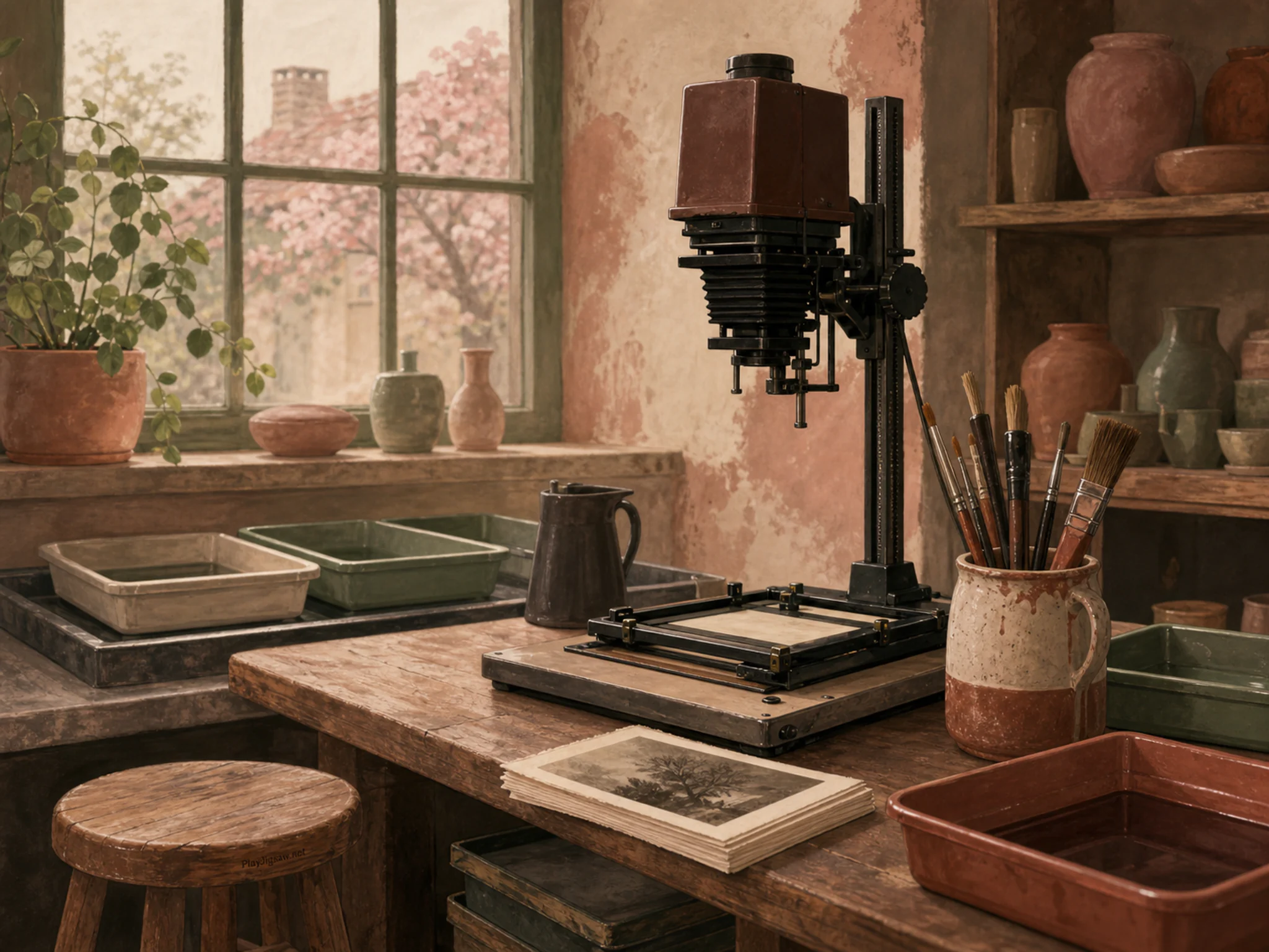 Vintage Darkroom cooling alongside well-used brush cup in a warm ceramic workshop, with layered scenery and soft overcast afternoon.