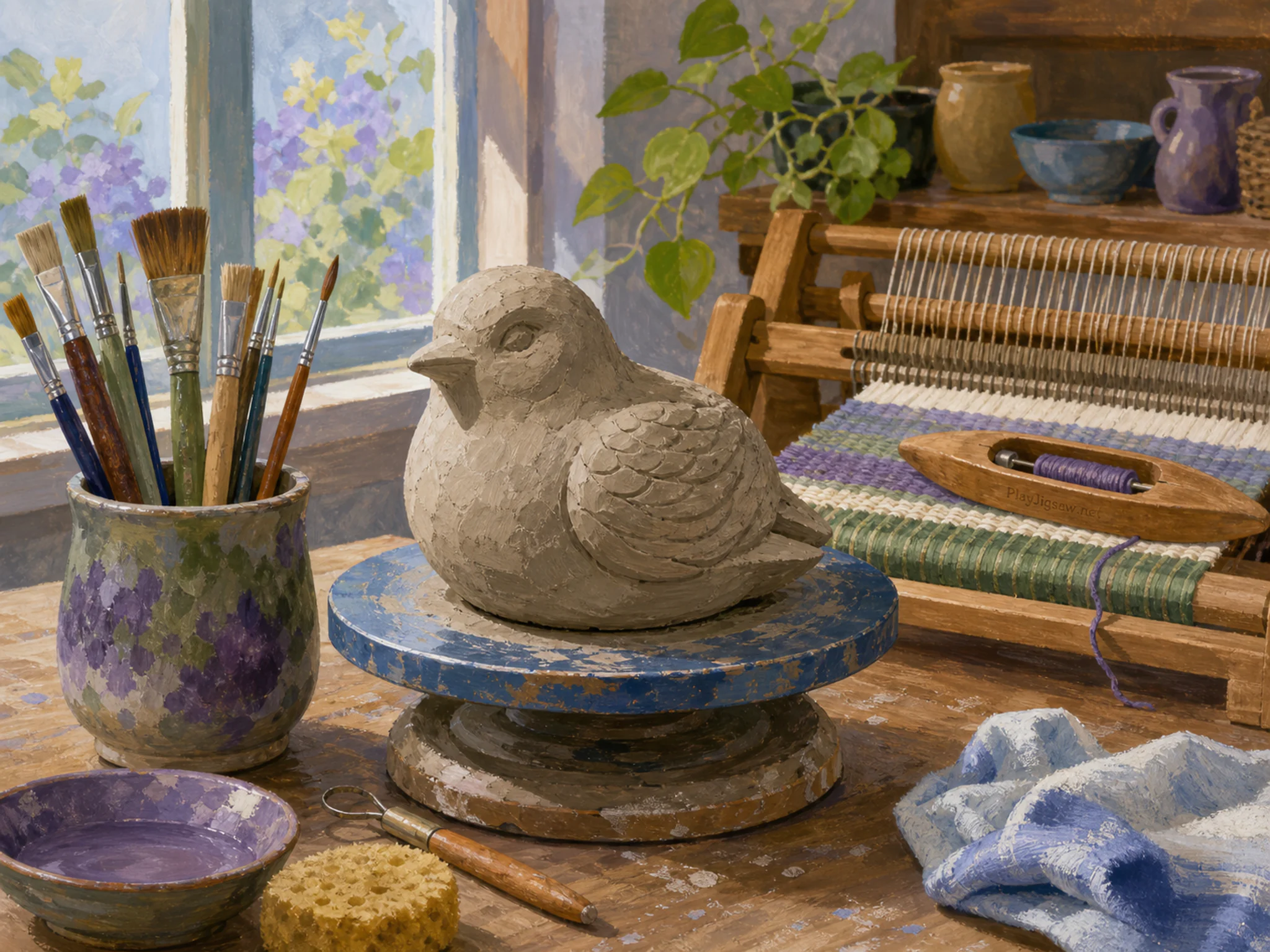 Clay Sculpture aligned across well-used brush cup in a north-lit studio table, with layered scenery and bright diffused window light.