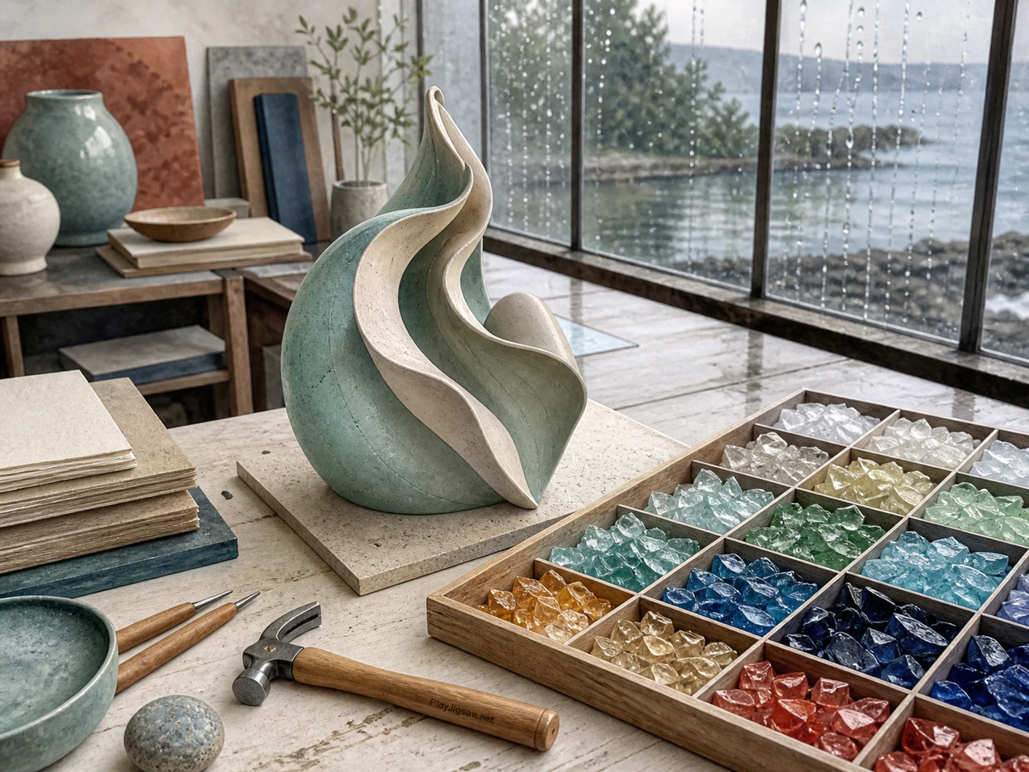 Clay Sculpture waiting beside sorted colored glass tray in a print studio beside tall windows, with layered scenery and gentle rain with crisp reflections.