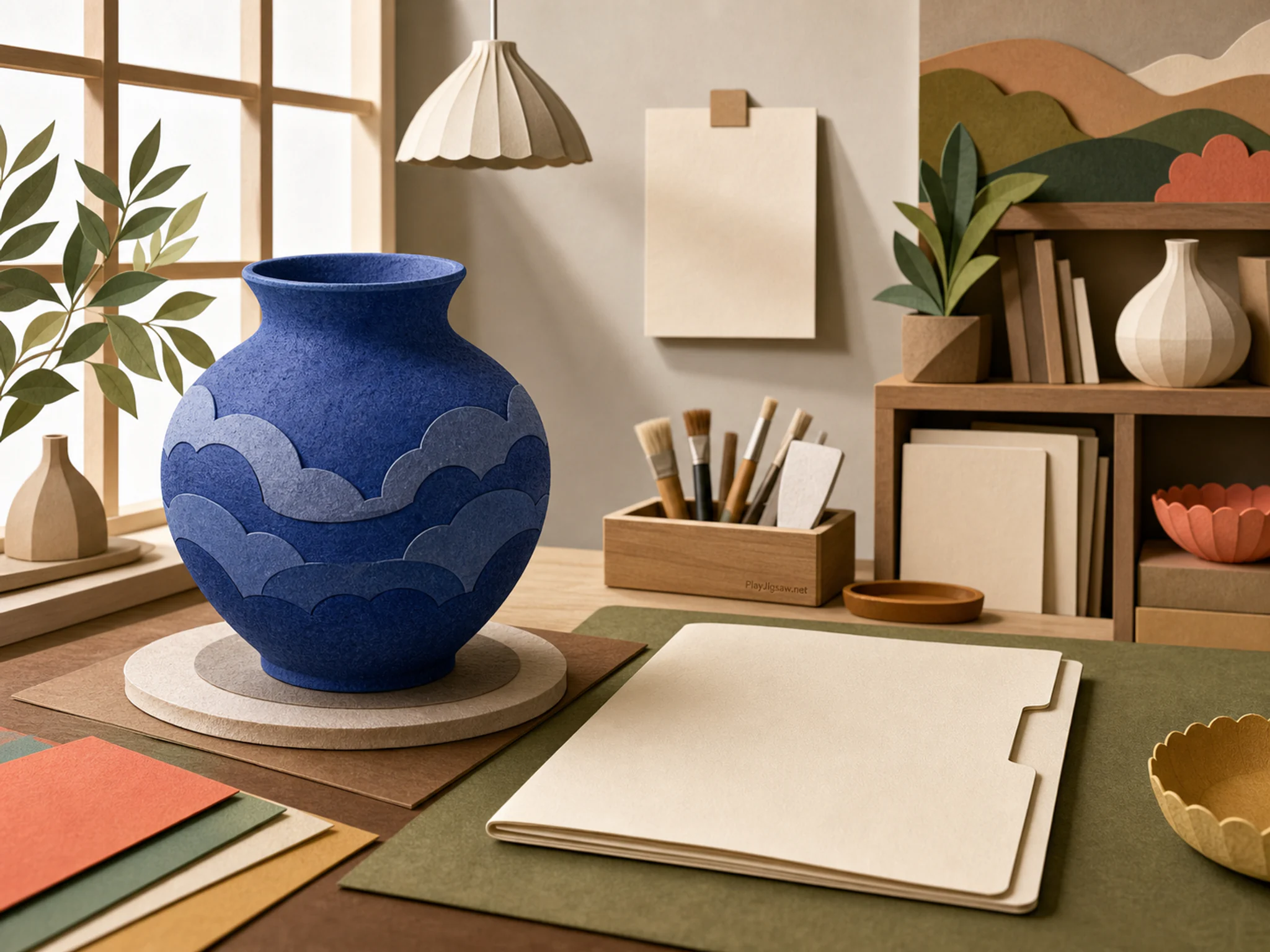 Cobalt Kiln Vase cooling alongside bone paper folder in a quiet paper craft room, with layered scenery and bright diffused window light.