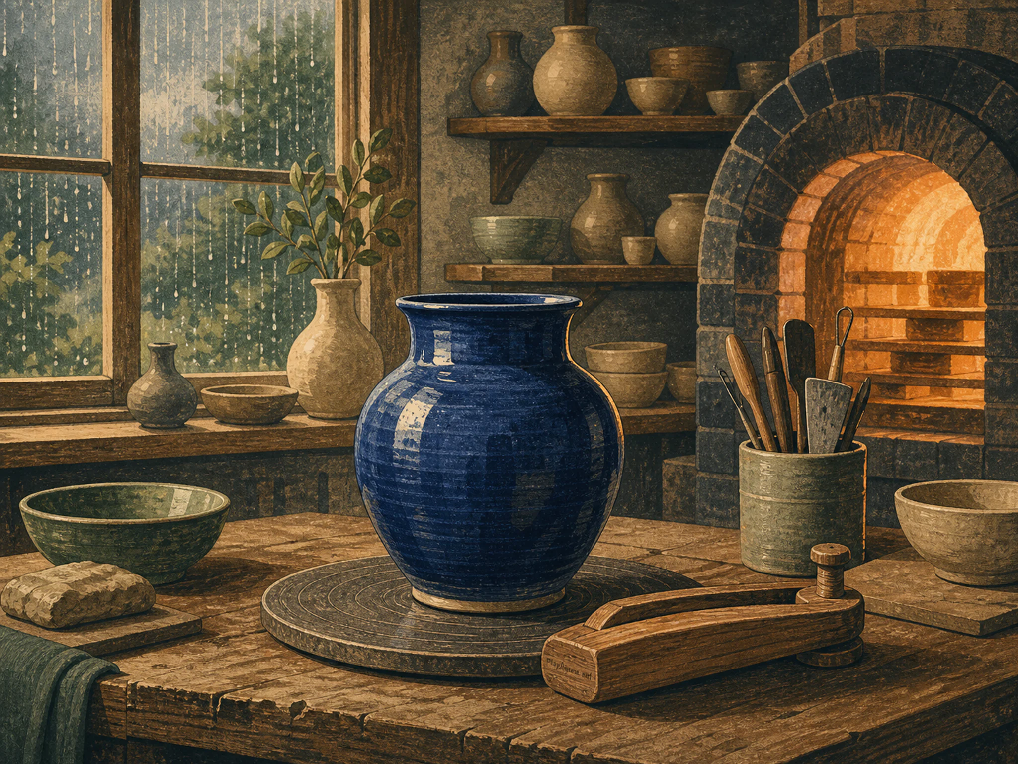Cobalt Kiln Vase being prepared near carved wooden shuttle in a warm ceramic workshop, with layered scenery and gentle rain with crisp reflections.