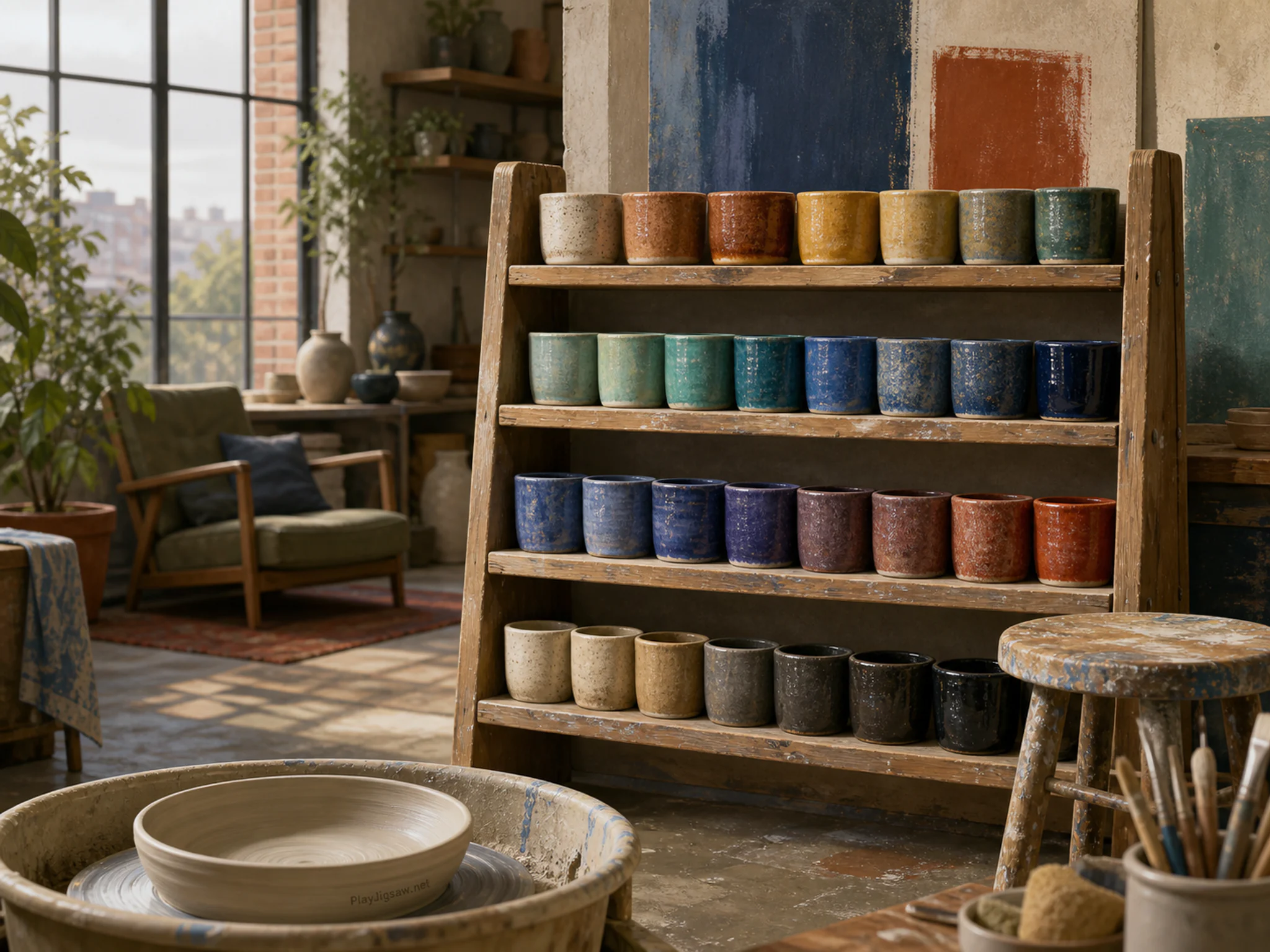 Glaze Test Shelf arranged beside paint-spattered stool in an airy artist loft, with layered scenery and soft overcast afternoon.