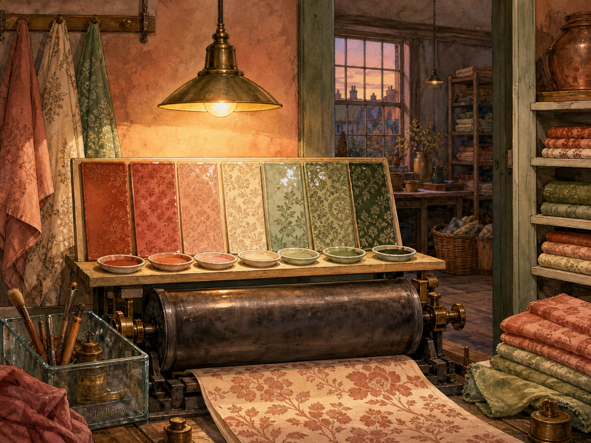 Glaze Test Shelf catching light above heavy proofing roller in a textile room with open shelving, with layered scenery and golden lamplight at dusk.