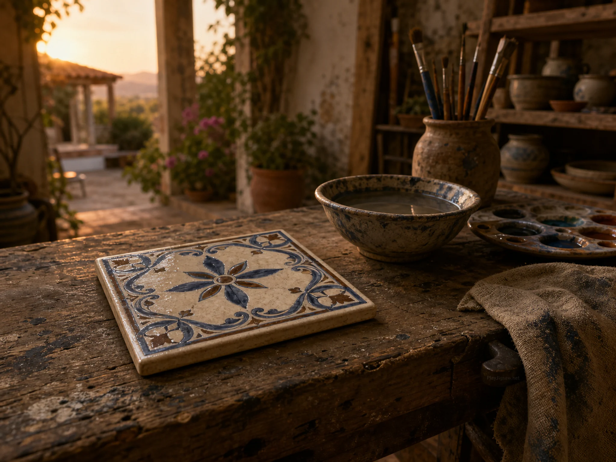 tile painting table arranged naturally beside a glazed water bowl in a pottery studio with a familiar tile-painting worktable, with familiar objects and warm lamplight at dusk.