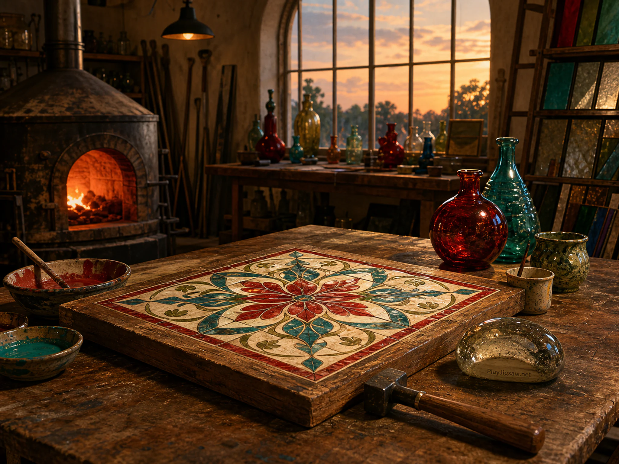 Tile Painting Table resting beneath small chasing hammer in a jewel-toned glass workshop, with layered scenery and golden lamplight at dusk.