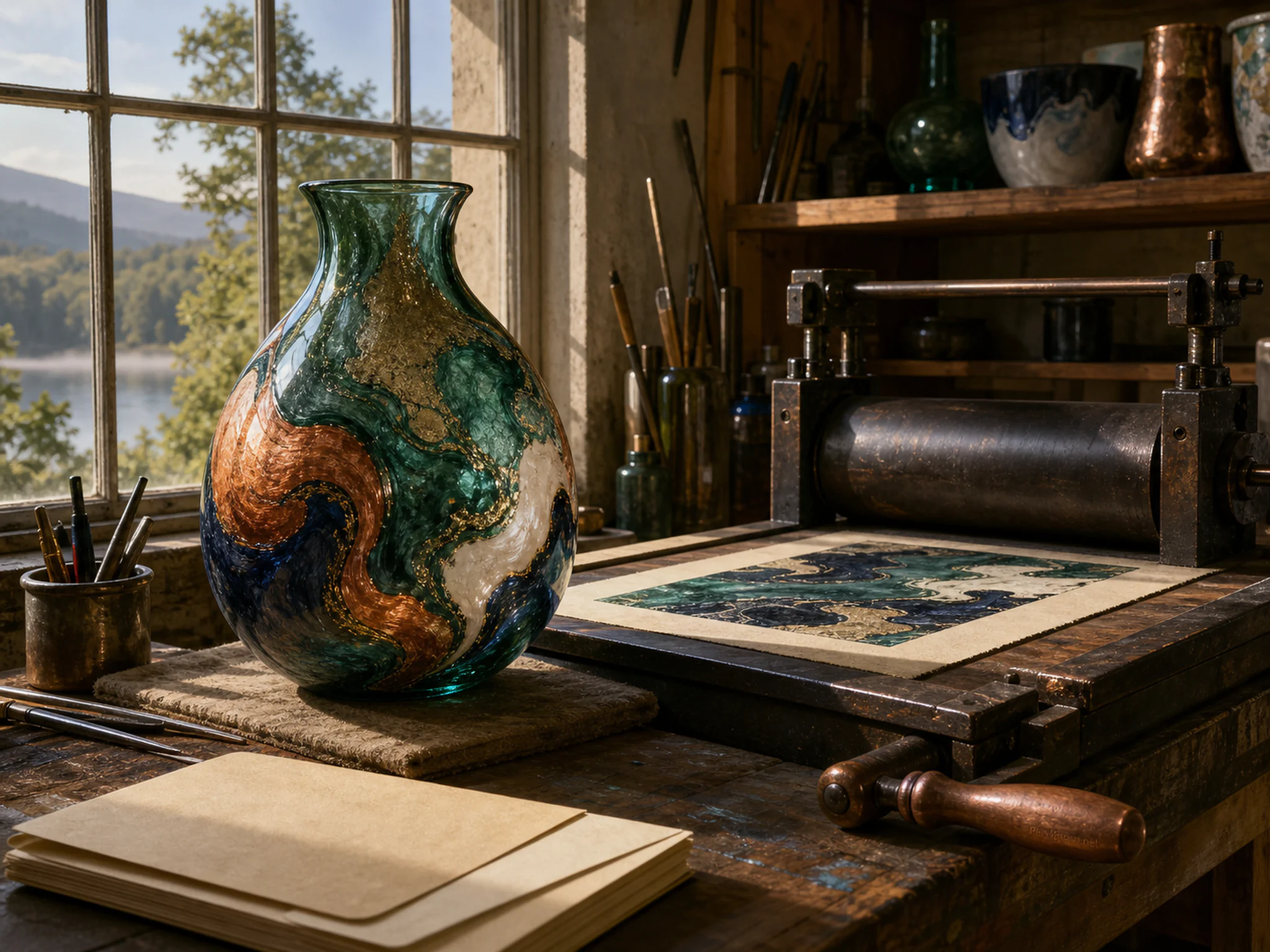 Glassblowing Vase folded around bone paper folder in a print studio beside tall windows, with layered scenery and clear early morning light.