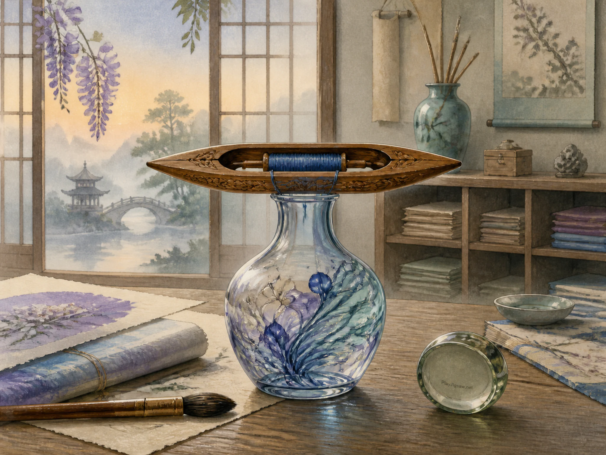 Glassblowing Vase resting beneath carved wooden shuttle in a quiet paper craft room, with layered scenery and calm misty dawn.
