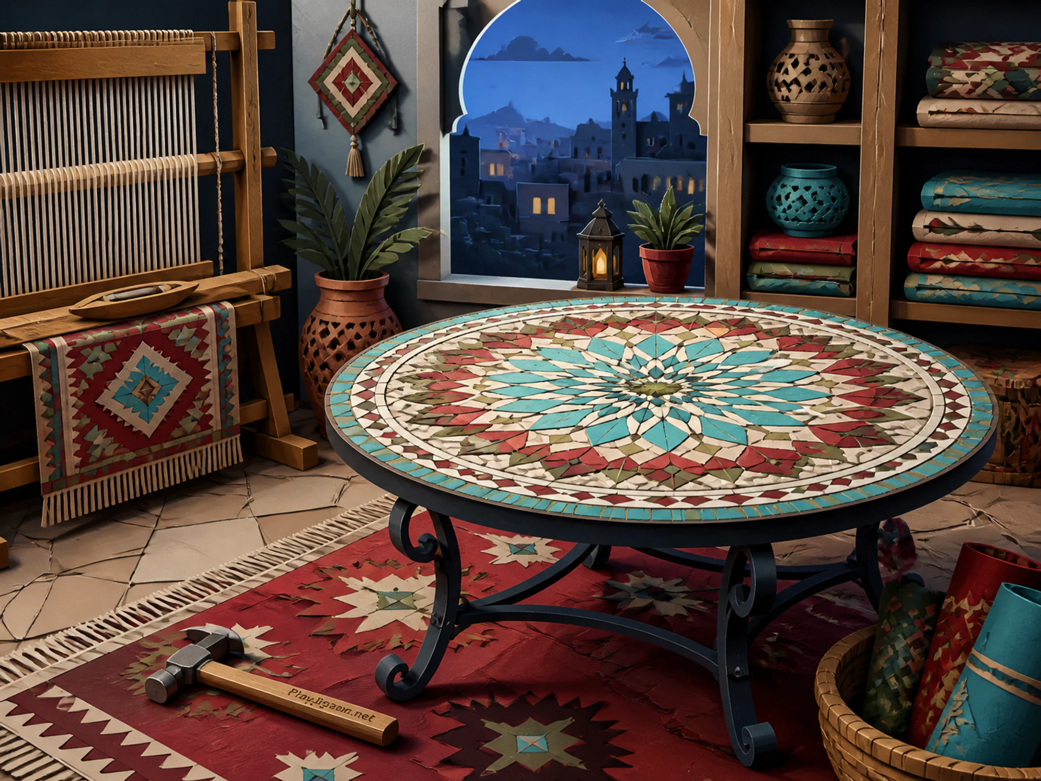 Mosaic Courtyard Table aligned across small chasing hammer in a textile room with open shelving, with layered scenery and cool blue-hour light.