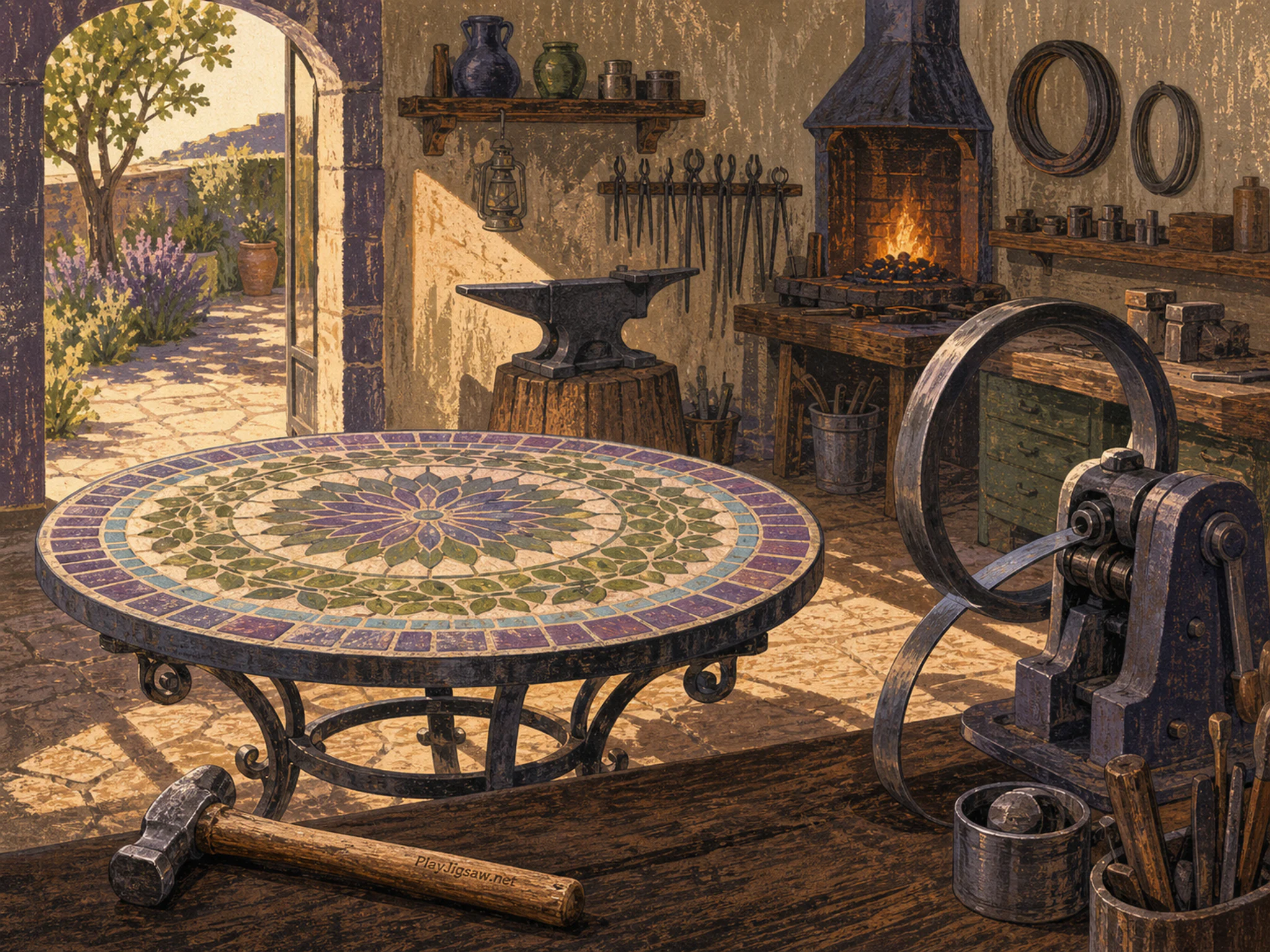 Mosaic Courtyard Table waiting beside turning banding wheel in a practical maker forge, with layered scenery and warm late-day sunlight.