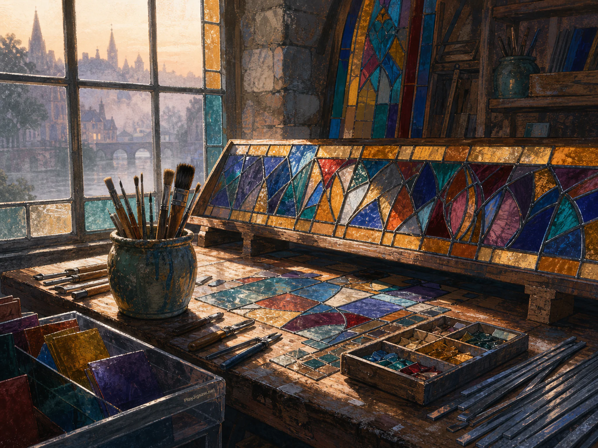 Stained Glass Bench catching light above well-used brush cup in a jewel-toned glass workshop, with layered scenery and calm misty dawn.
