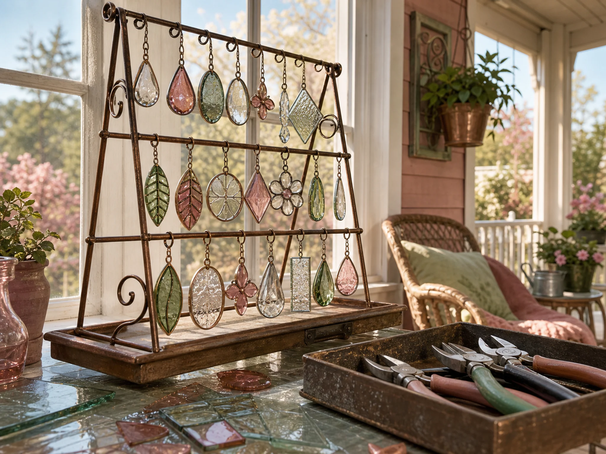 sun catcher rack arranged naturally beside a shallow pliers tray in a glass-craft table on a covered home veranda, with familiar objects and clear early-morning light.