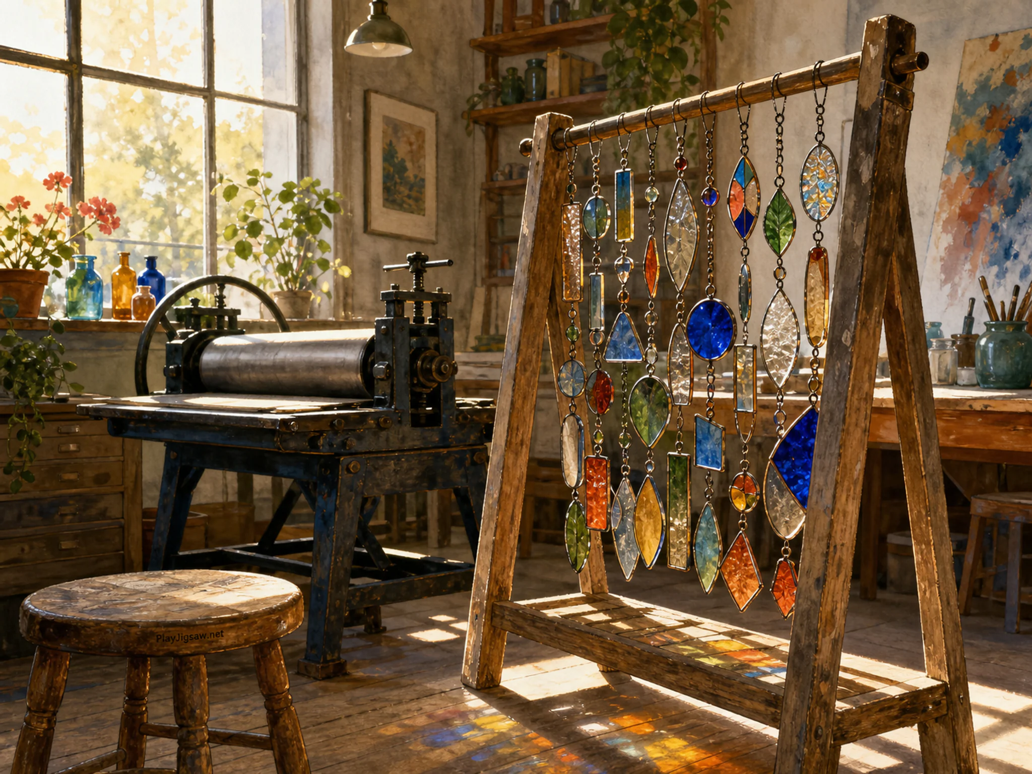 Sun Catcher Rack cooling alongside heavy proofing roller in an airy artist loft, with layered scenery and warm late-day sunlight.