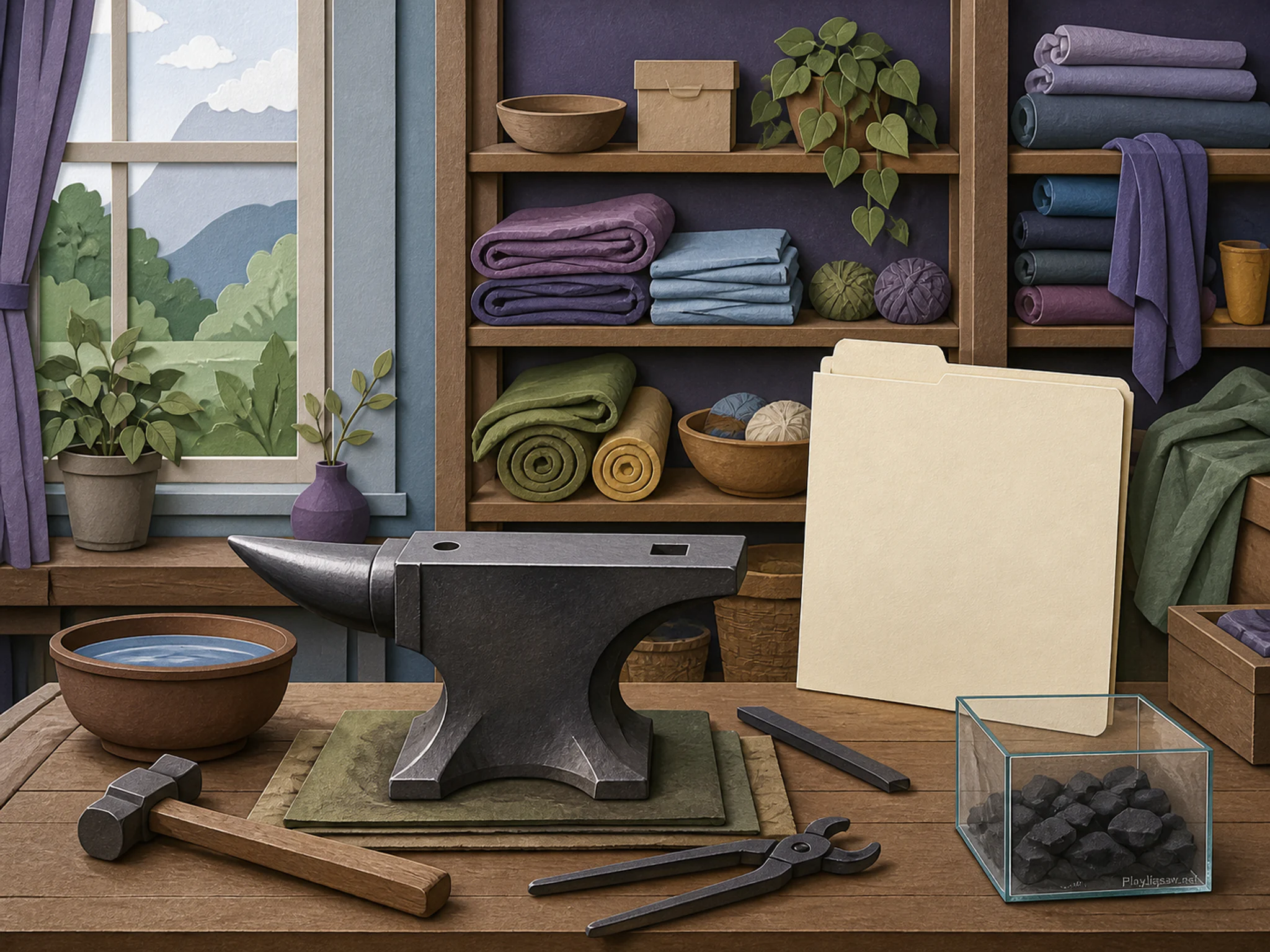 Blacksmith Anvil being prepared near bone paper folder in a textile room with open shelving, with layered scenery and soft overcast afternoon.