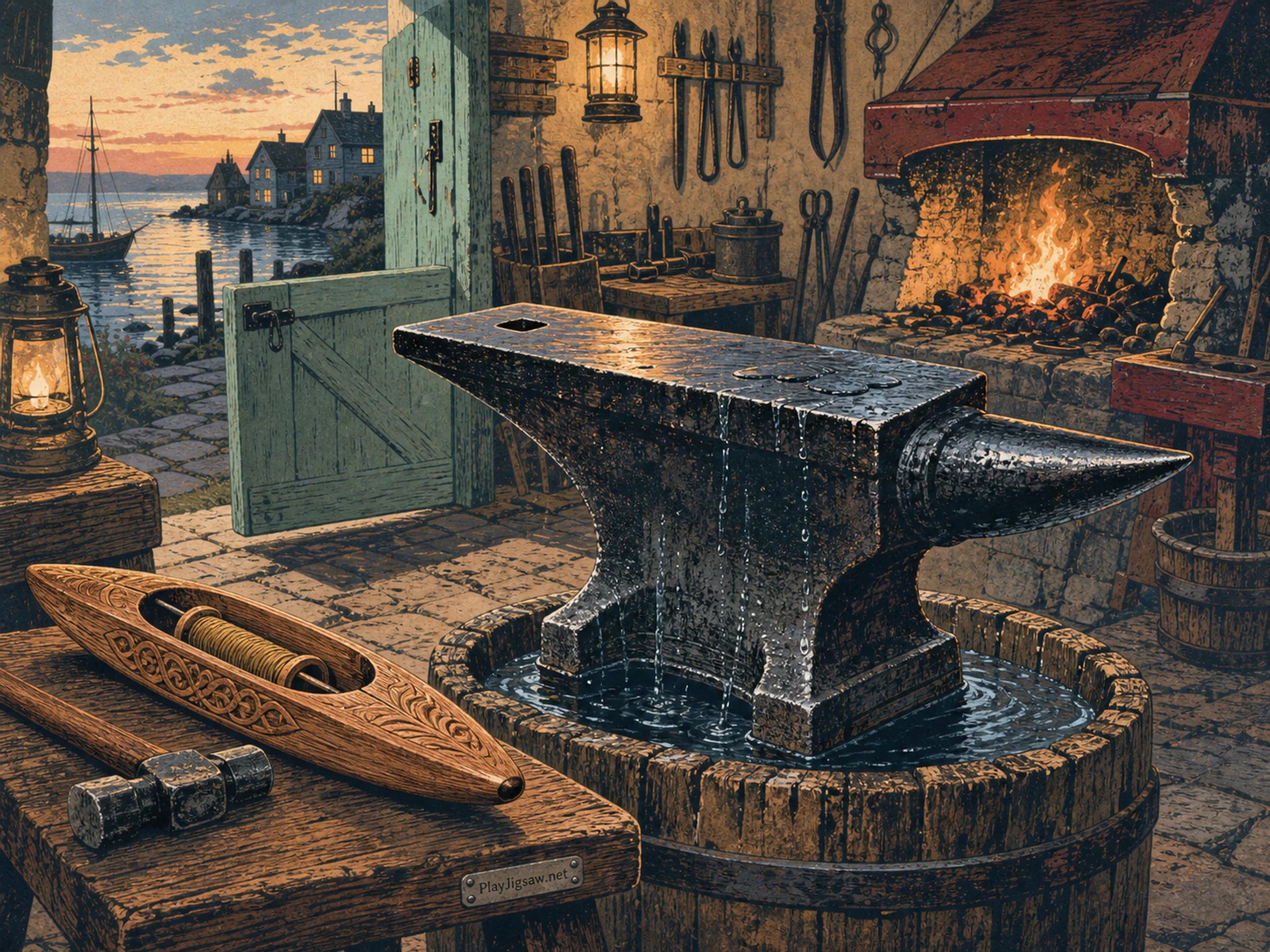 Blacksmith Anvil cooling alongside carved wooden shuttle in a practical maker forge, with layered scenery and golden lamplight at dusk.