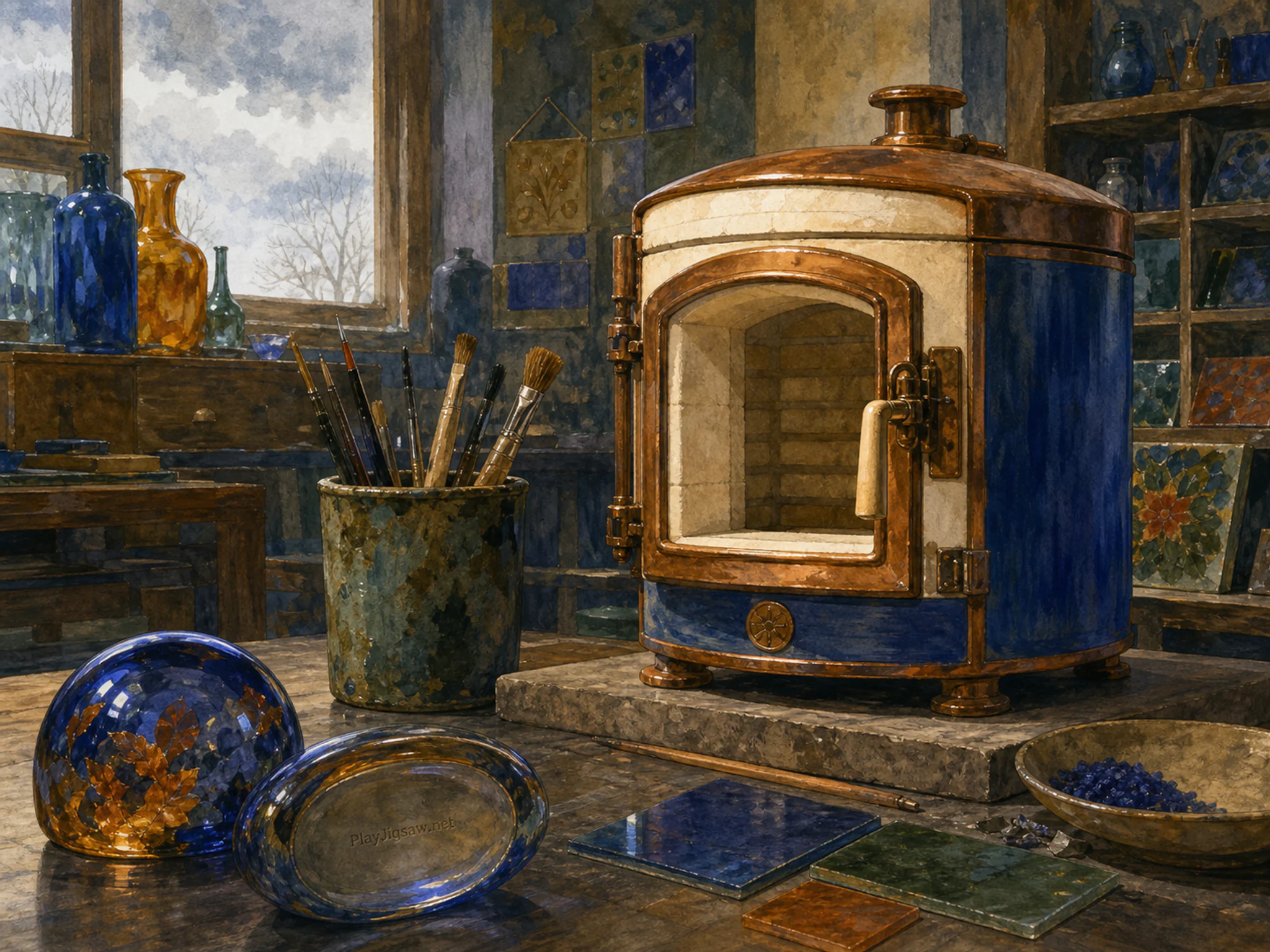 Copper Enamel Kiln waiting beside well-used brush cup in a jewel-toned glass workshop, with layered scenery and soft overcast afternoon.