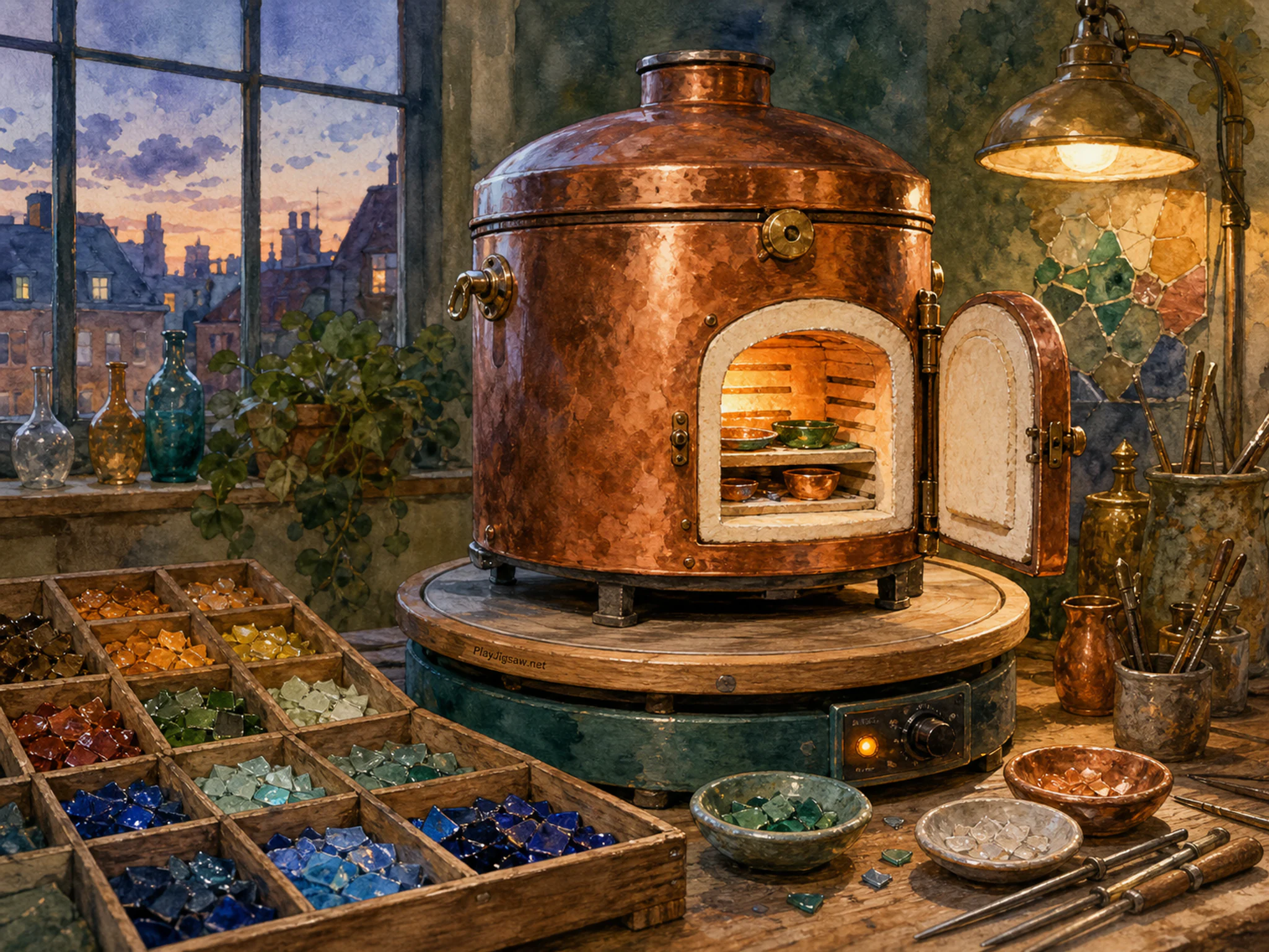 Copper Enamel Kiln aligned across sorted colored glass tray in an airy artist loft, with layered scenery and golden lamplight at dusk.