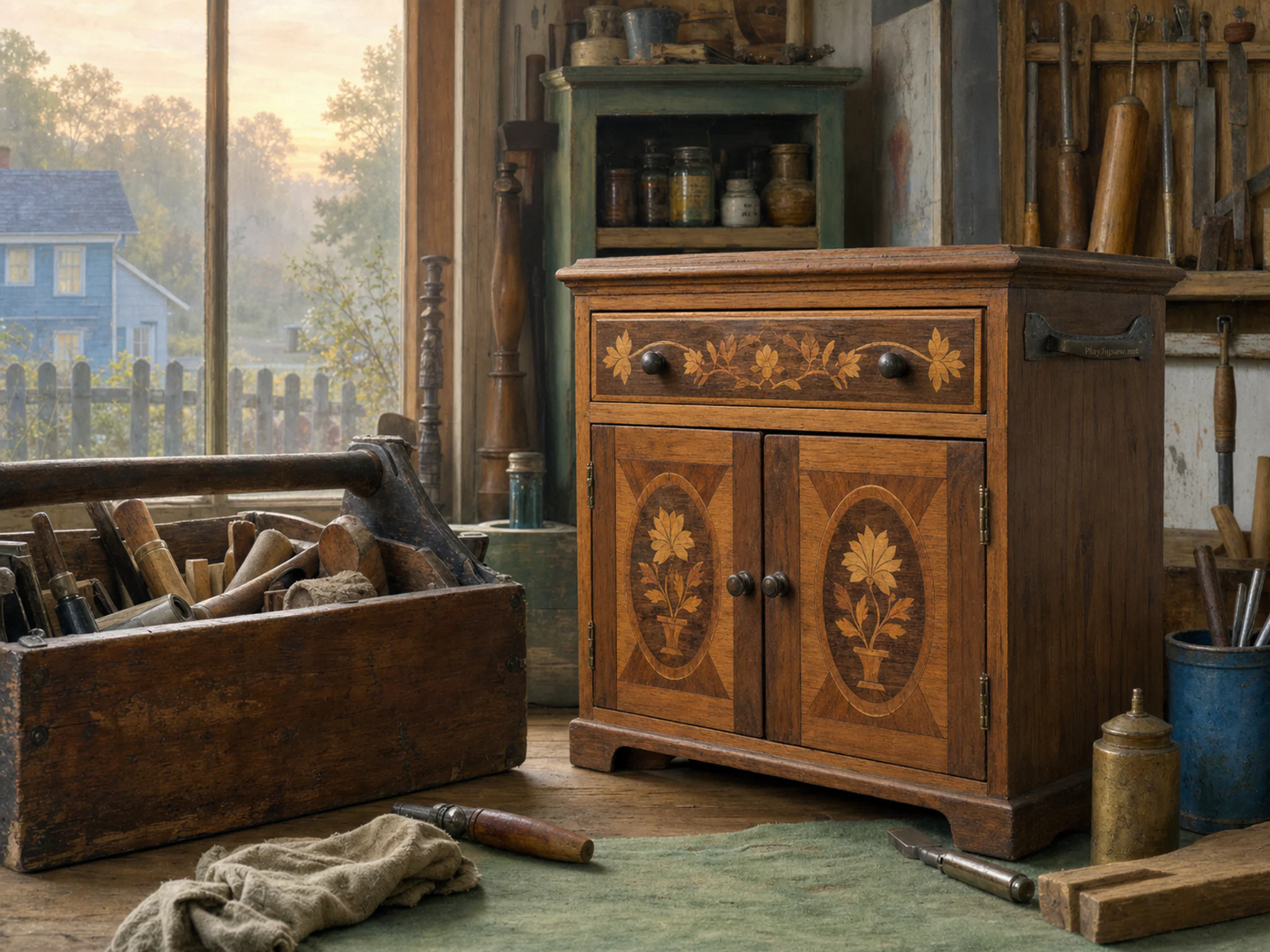 marquetry cabinet arranged naturally beside a well-used wooden toolbox in a home furniture-repair room with a marquetry cabinet, with familiar objects and calm misty dawn.