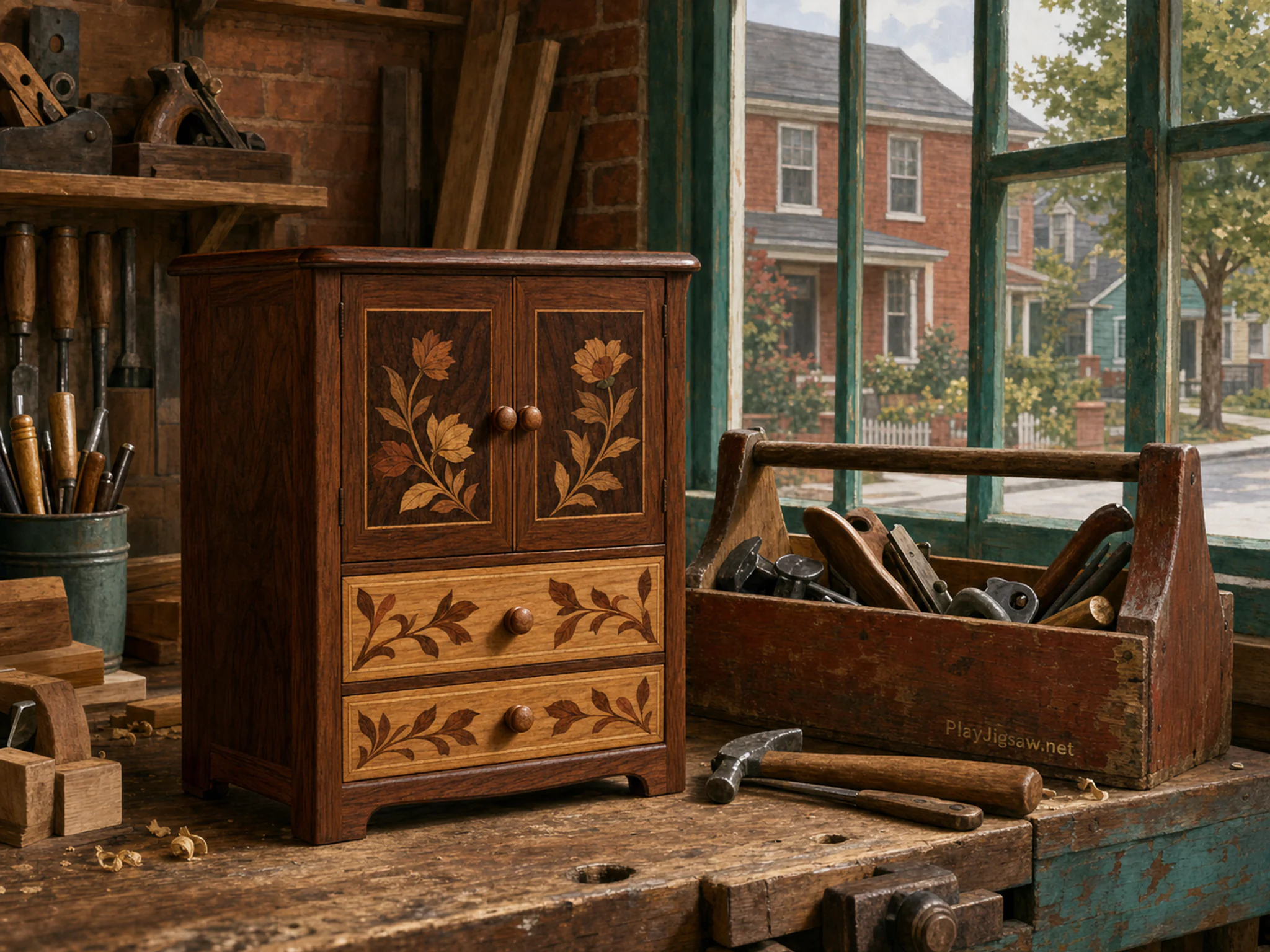 marquetry cabinet arranged naturally beside a well-used wooden toolbox in a neighborhood carpenter workshop with open windows, with familiar objects and soft overcast afternoon.