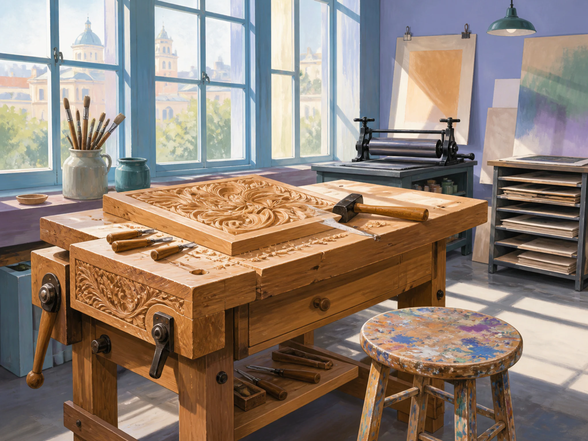Woodcarving Bench catching light above paint-spattered stool in a print studio beside tall windows, with layered scenery and bright diffused window light.