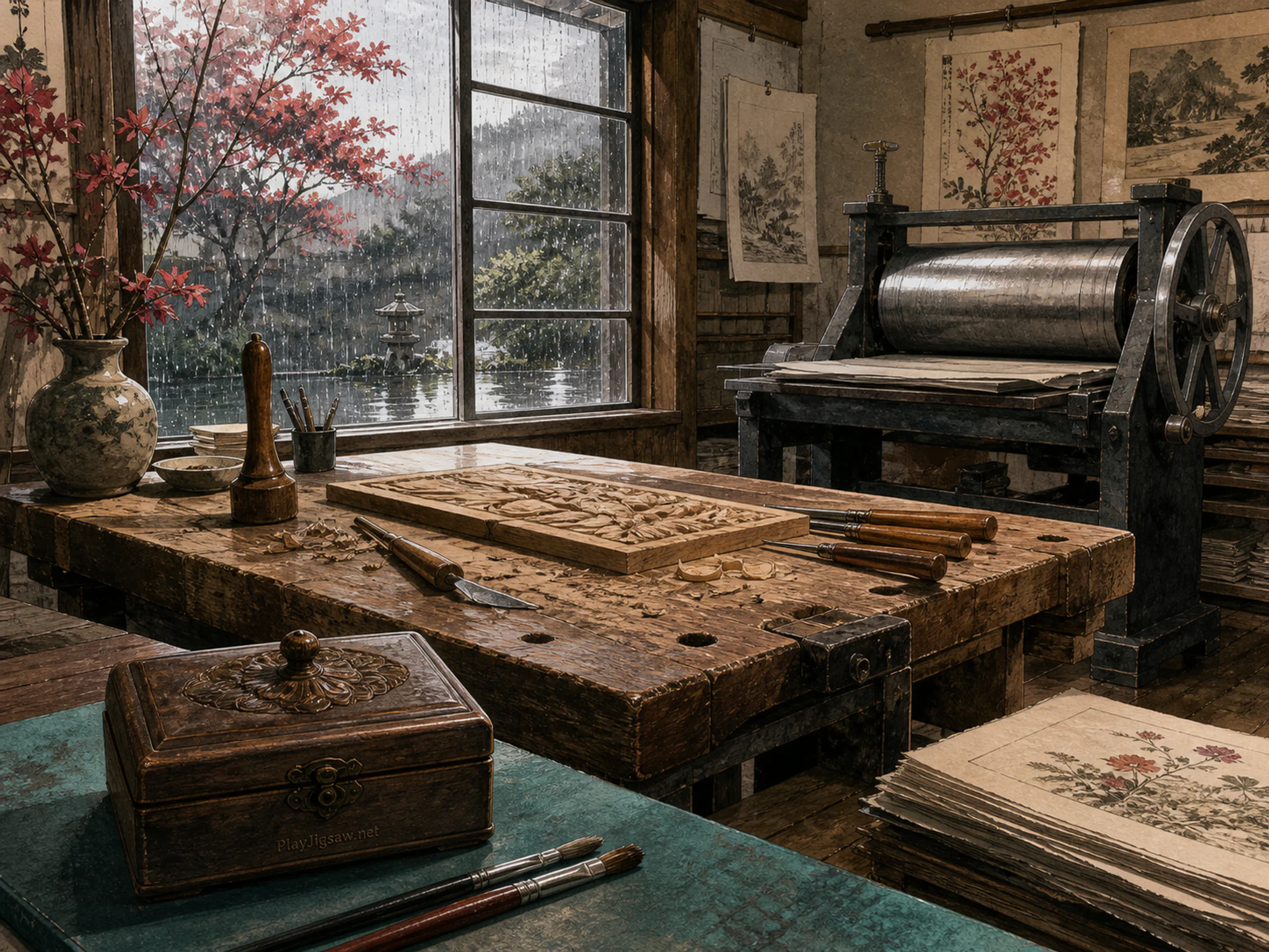 Woodcarving Bench arranged beside heavy proofing roller in a quiet paper craft room, with layered scenery and gentle rain with crisp reflections.