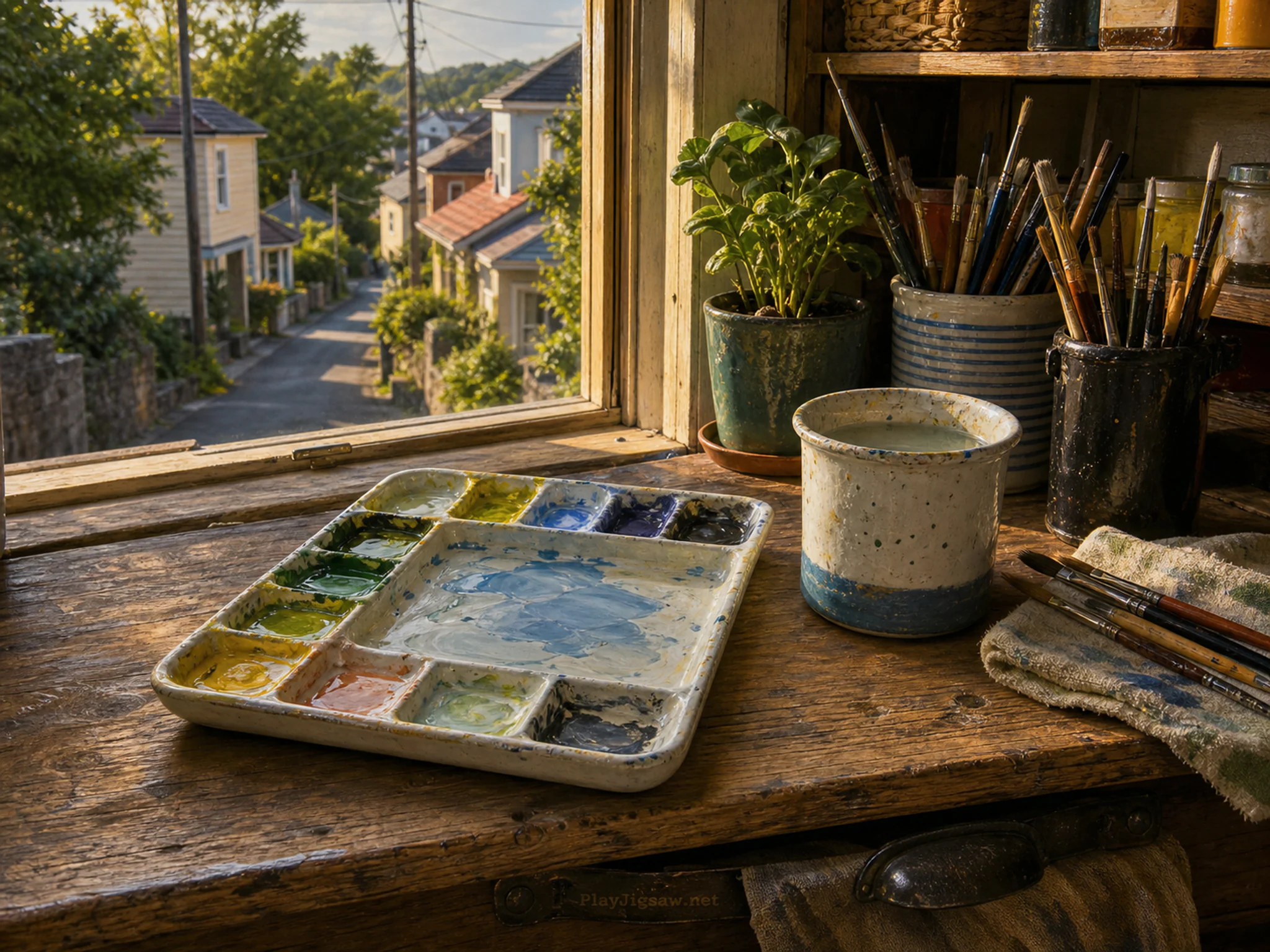 gouache mixing tray arranged naturally beside a ceramic rinse cup in a window-side painting table overlooking a residential lane, with familiar objects and warm late-day sunlight.