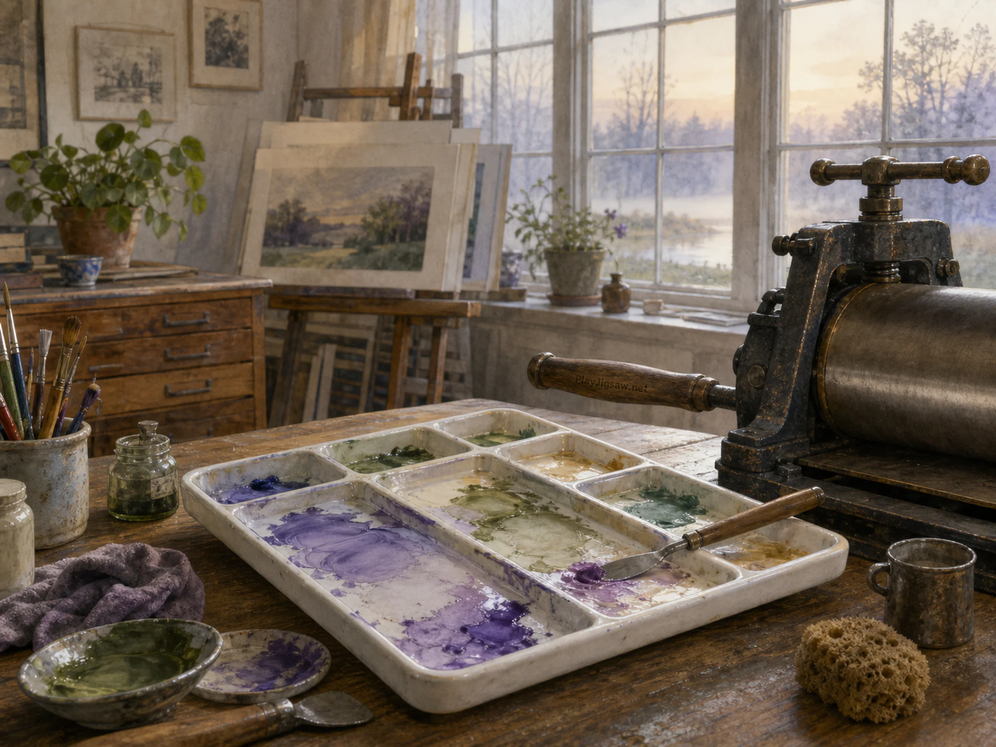Gouache Mixing Tray being prepared near heavy proofing roller in a print studio beside tall windows, with layered scenery and calm misty dawn.