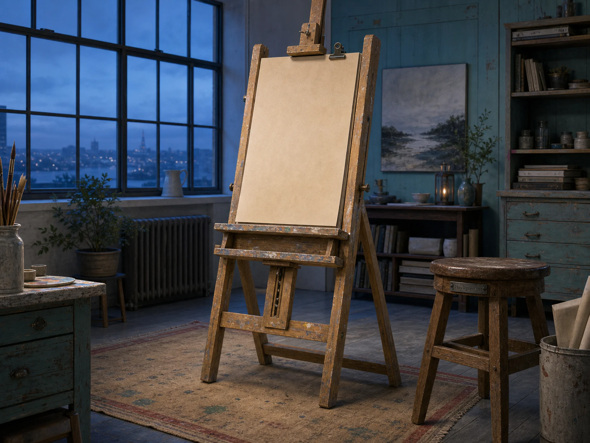 Landscape Easel resting beneath bone paper folder in an airy artist loft, with layered scenery and cool blue-hour light.