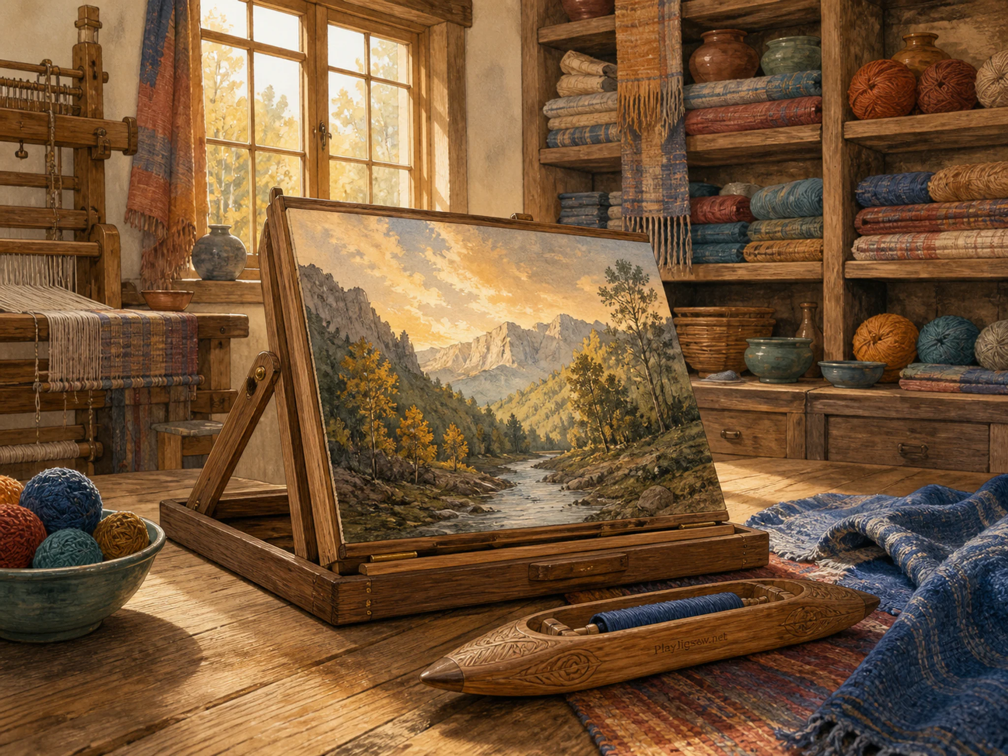 Landscape Easel folded around carved wooden shuttle in a textile room with open shelving, with layered scenery and warm late-day sunlight.
