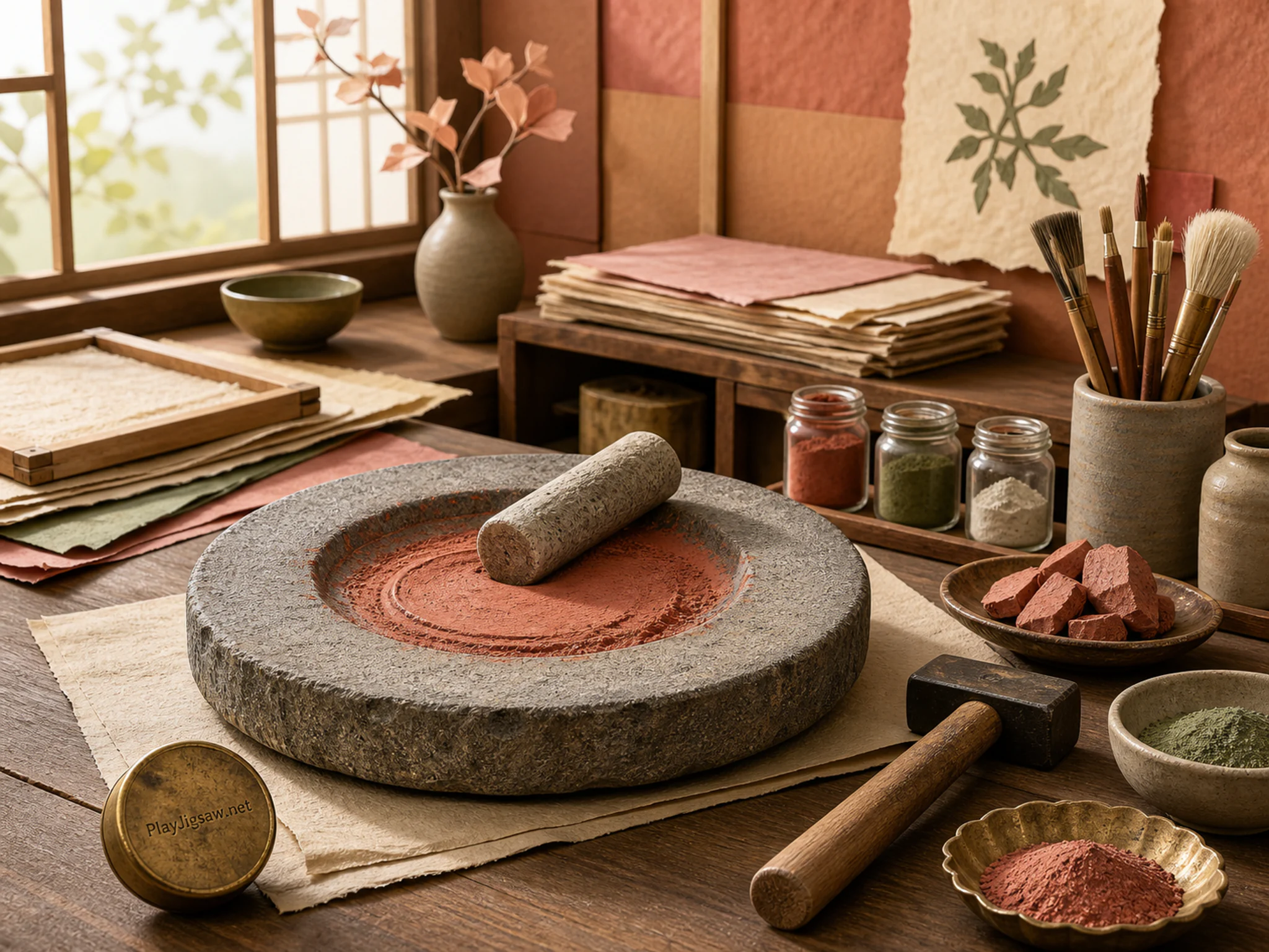 Pigment Grinding Stone waiting beside small chasing hammer in a quiet paper craft room, with layered scenery and clear early morning light.