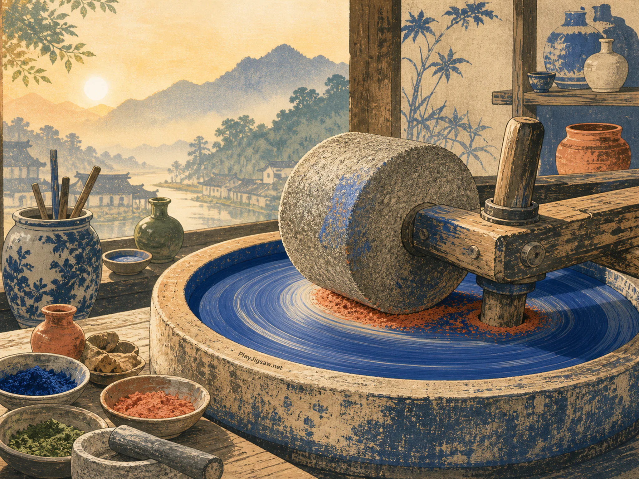 Pigment Grinding Stone aligned across turning banding wheel in a warm ceramic workshop, with layered scenery and calm misty dawn.