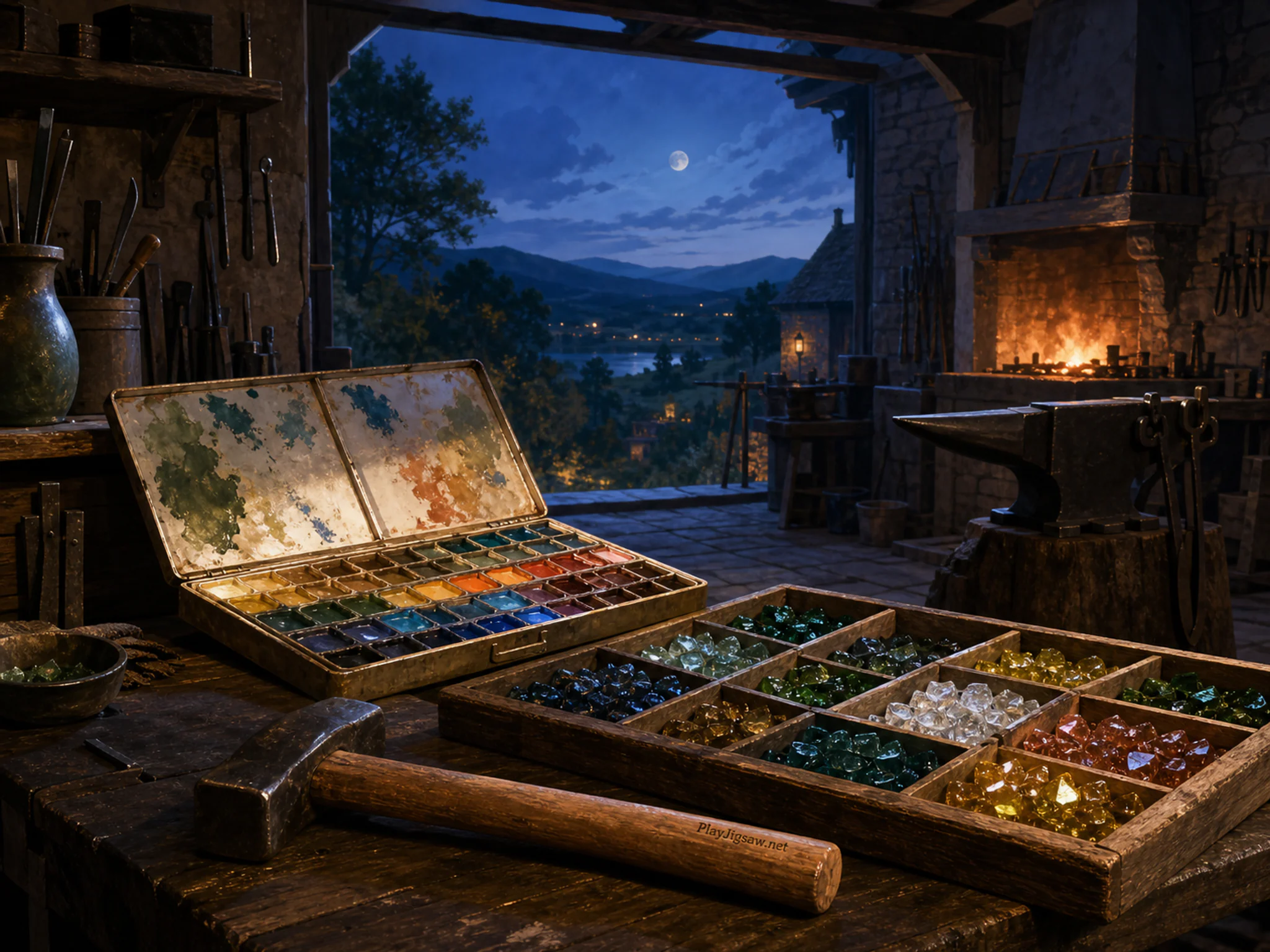 Watercolor Paint Box catching light above sorted colored glass tray in a practical maker forge, with layered scenery and cool blue-hour light.