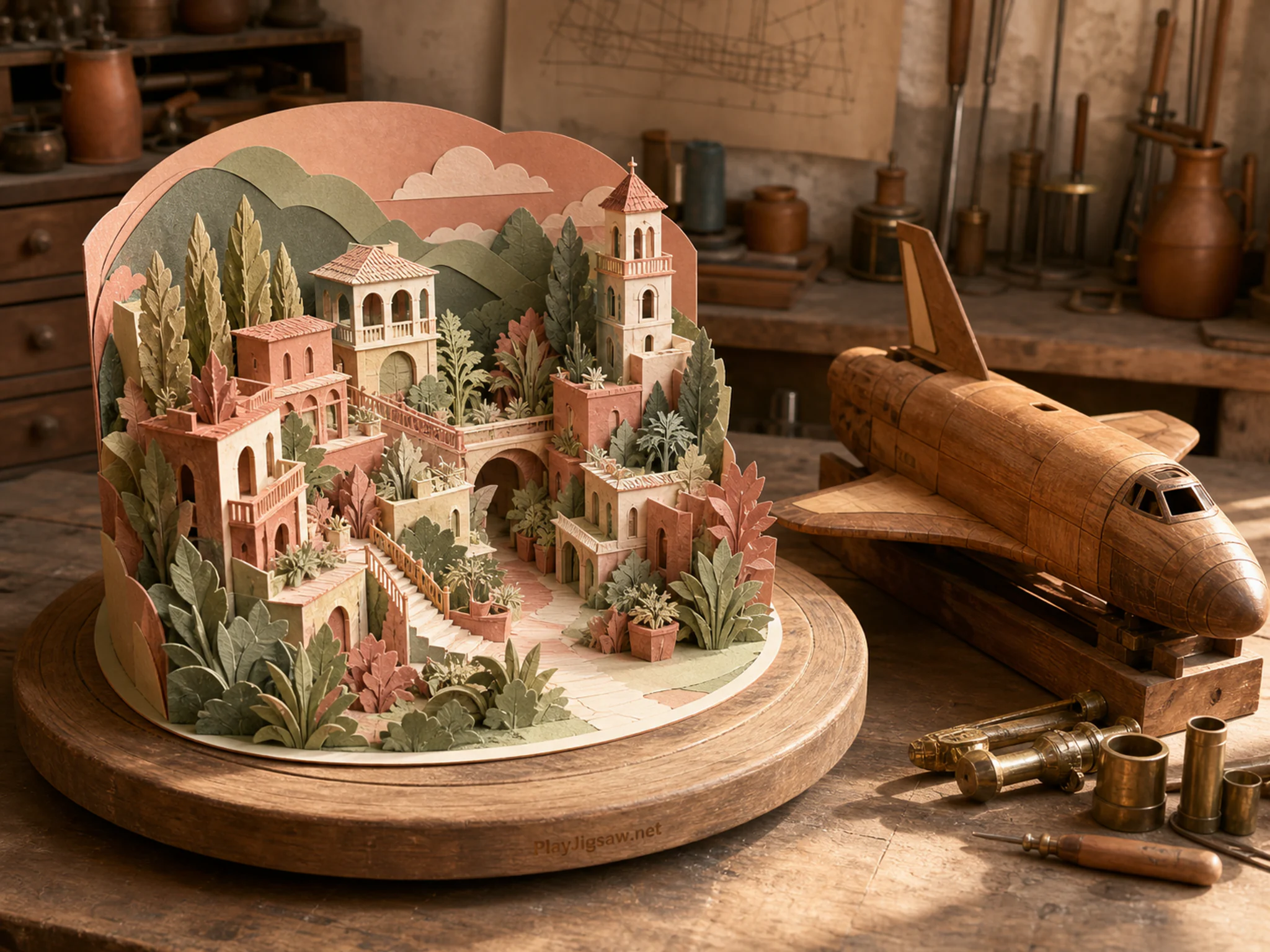 Diorama Builder arranged beside carved wooden shuttle in a practical maker forge, with layered scenery and warm late-day sunlight.