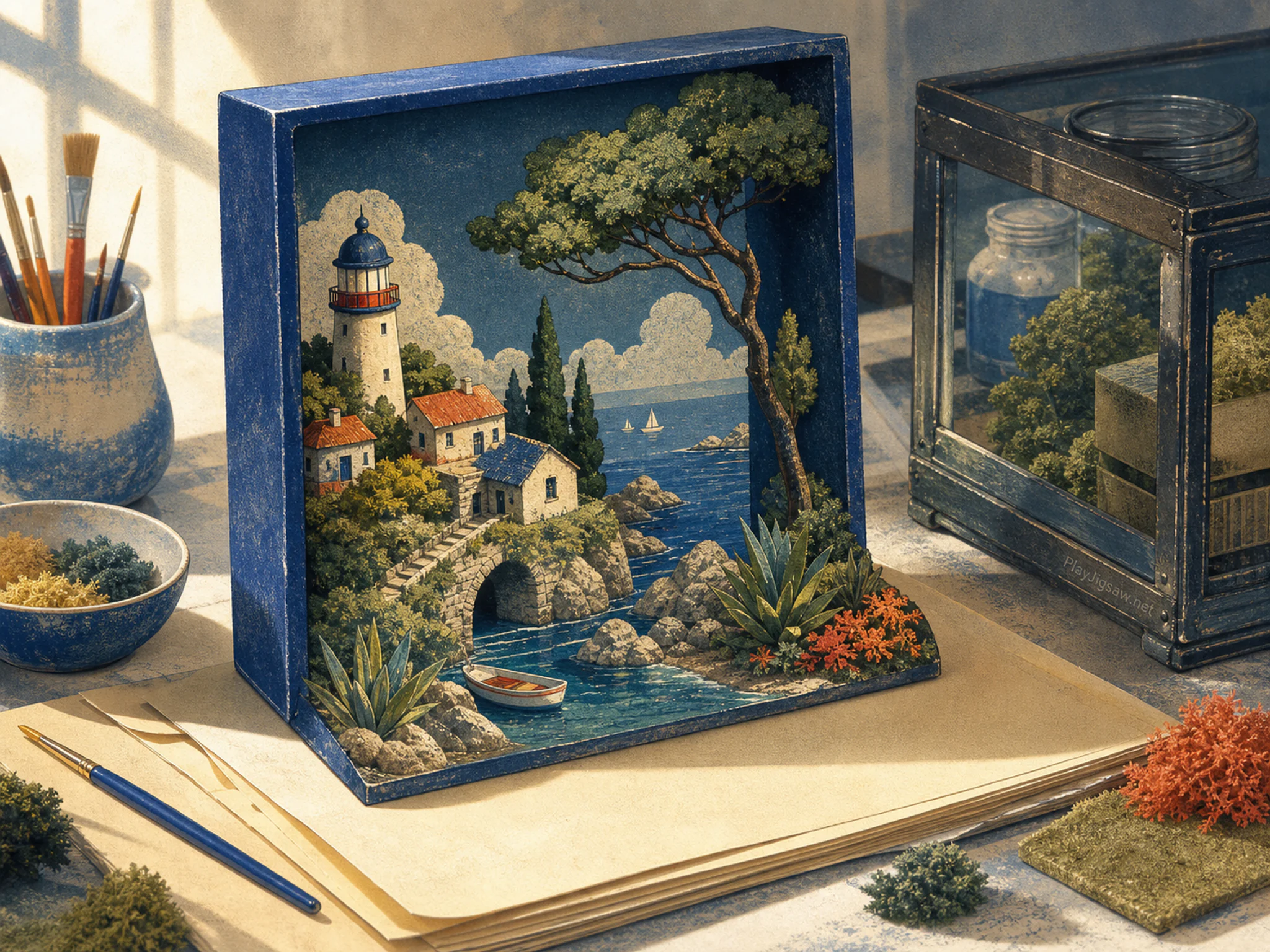 Diorama Builder catching light above bone paper folder in a north-lit studio table, with layered scenery and clear early morning light.