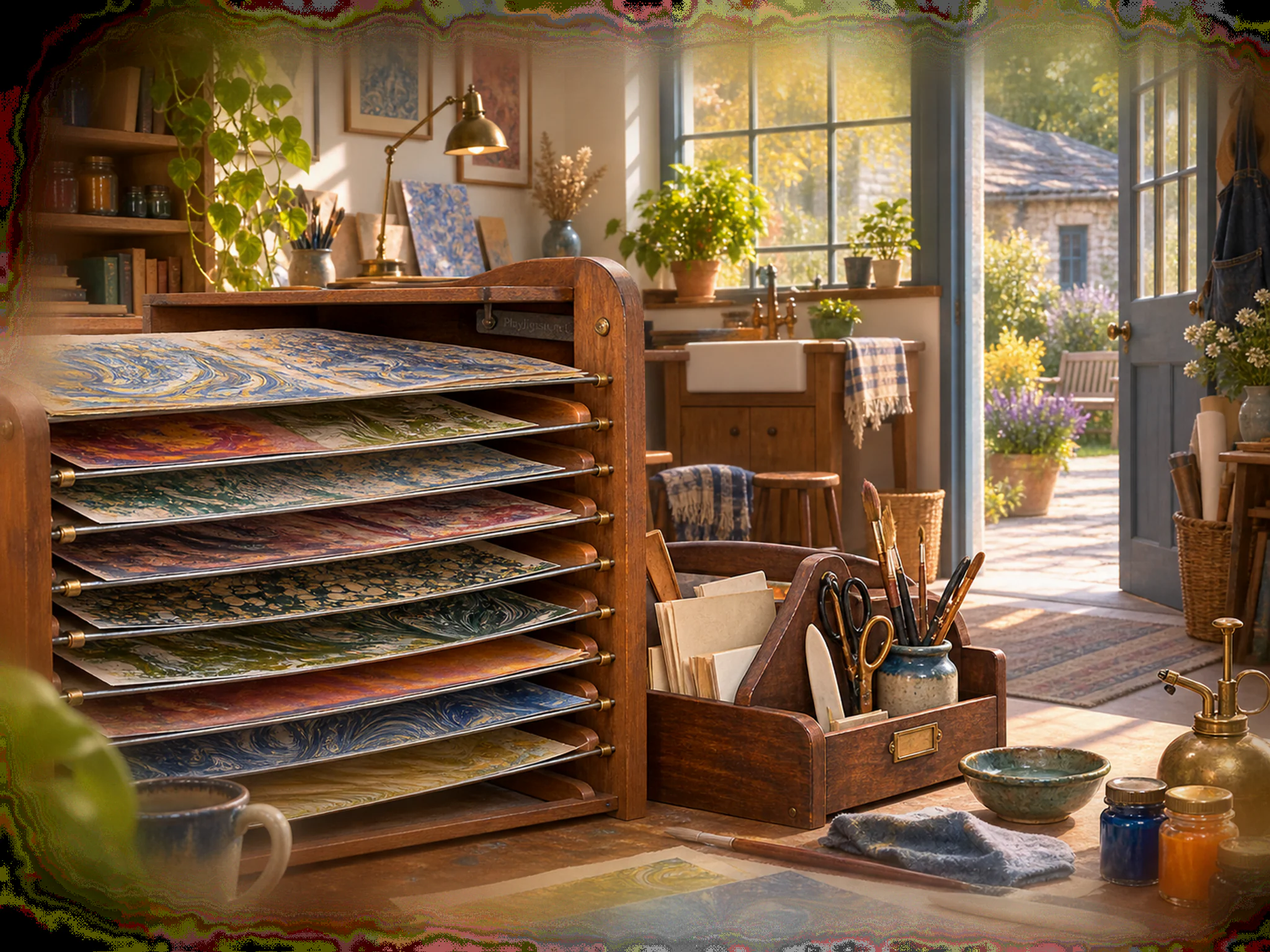 marbled paper rack arranged naturally beside a wooden paper caddy in a quiet community craft room with a marbled paper rack, with familiar objects and golden kitchen-window light.