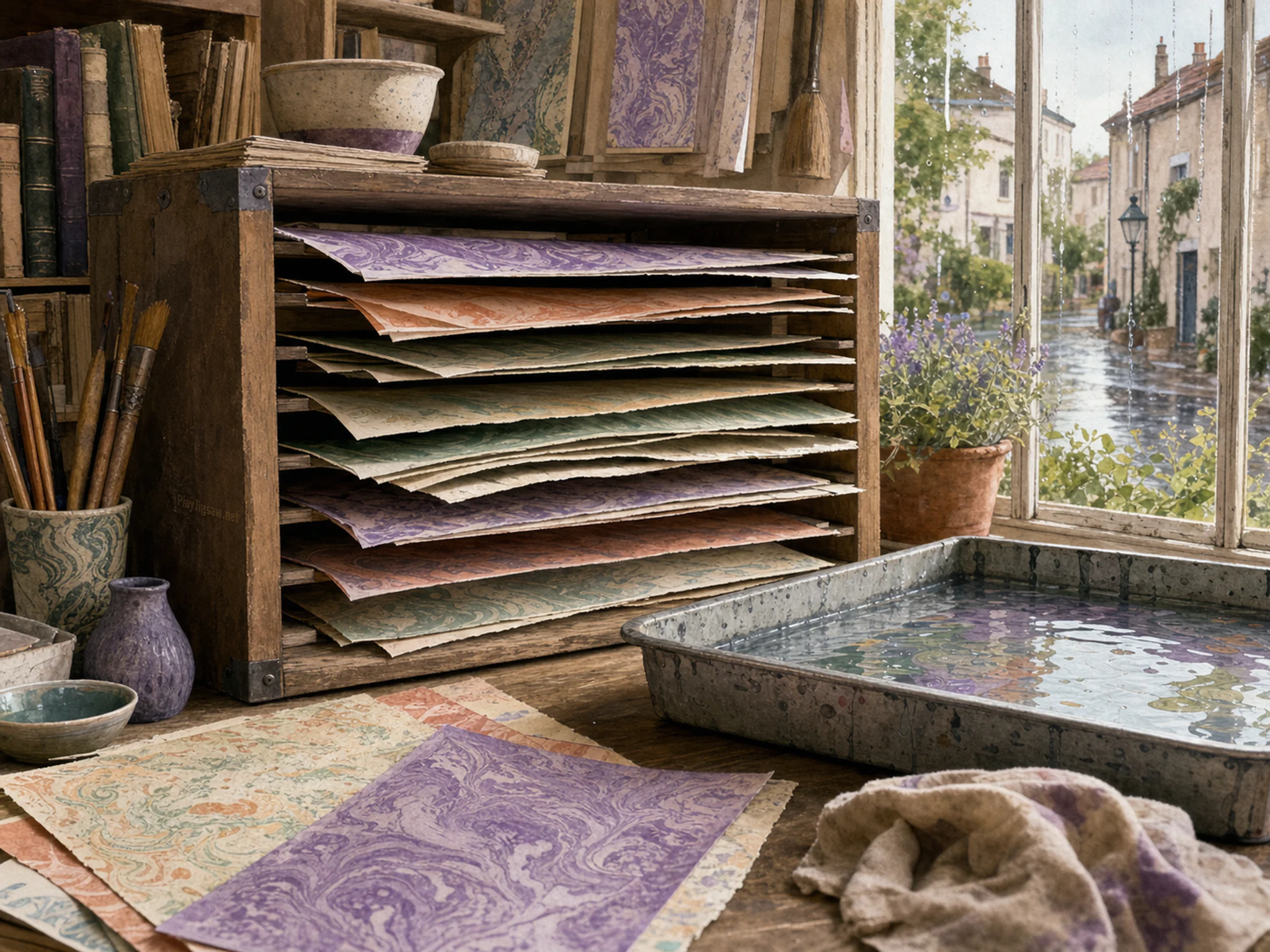marbled paper rack arranged naturally beside a shallow water tray in a neighborhood bookbinding workshop with marbled paper drying by the window, with familiar objects and sun.