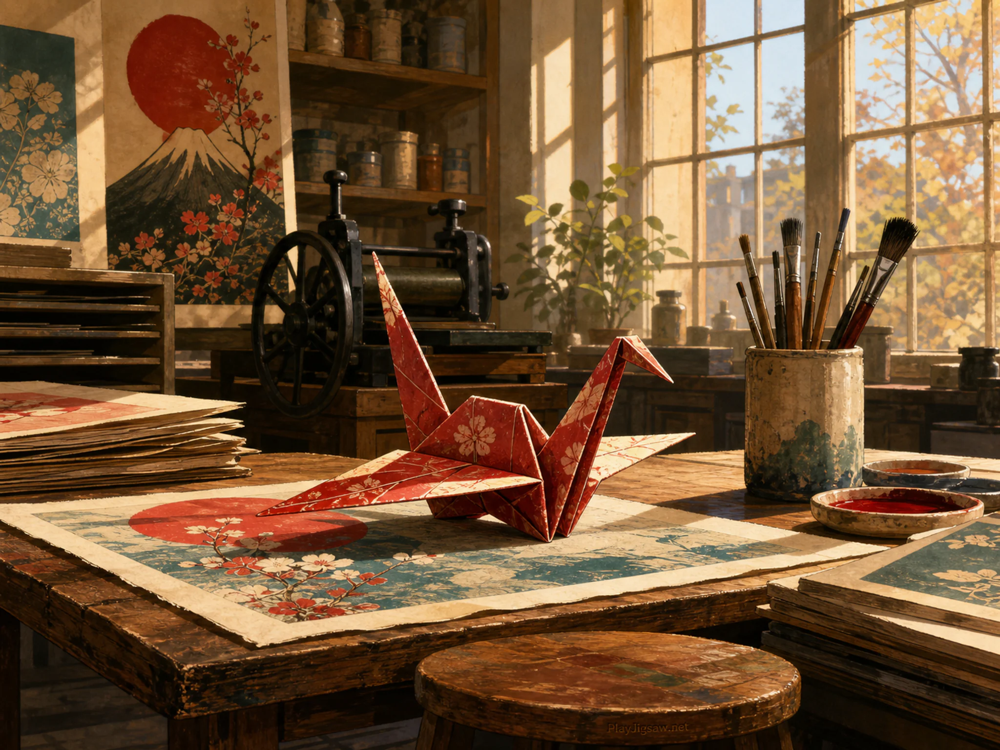 Origami Crane resting beneath well-used brush cup in a print studio beside tall windows, with layered scenery and warm late-day sunlight.