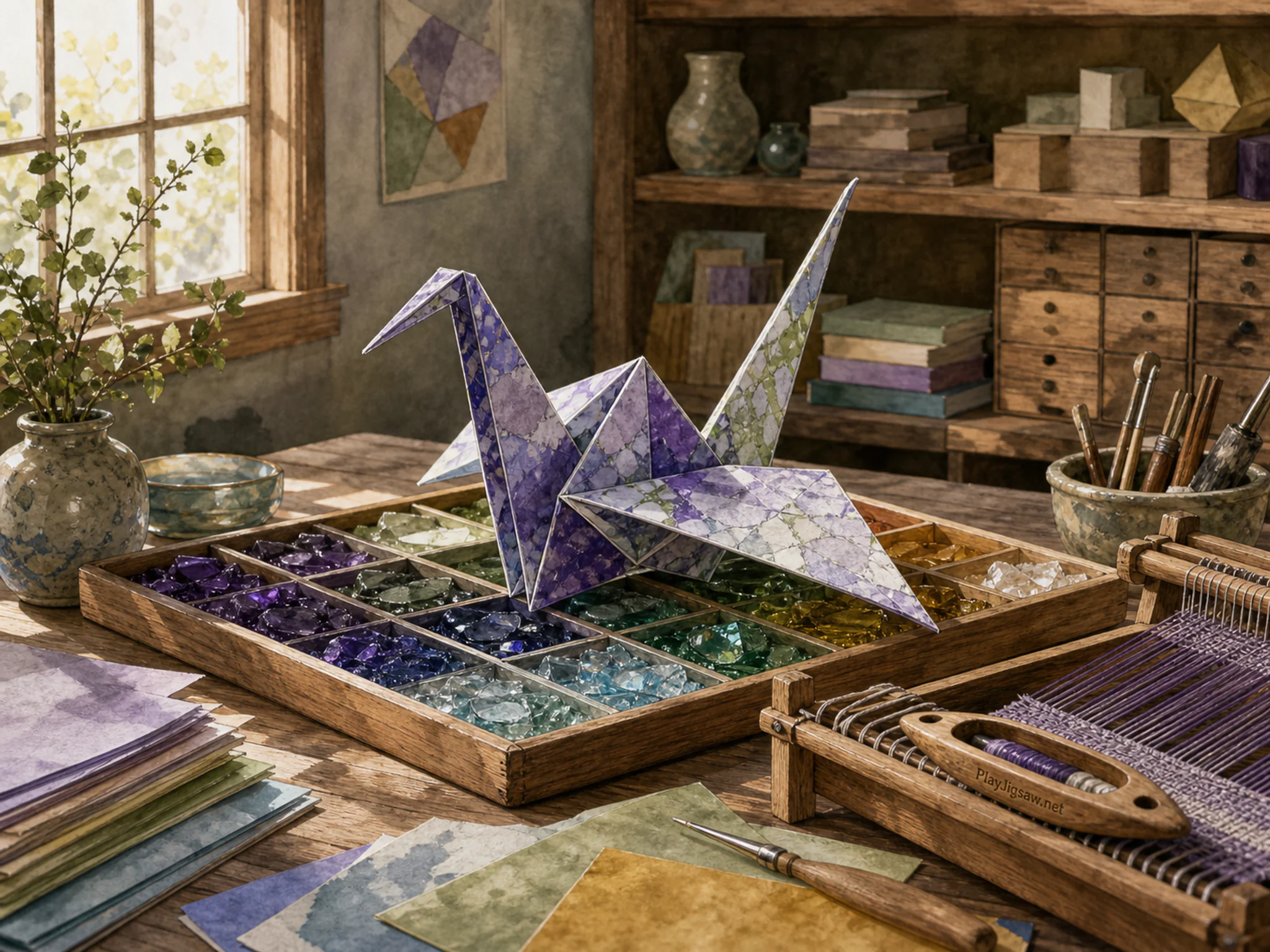 Origami Crane folded around sorted colored glass tray in a quiet paper craft room, with layered scenery and clear early morning light.