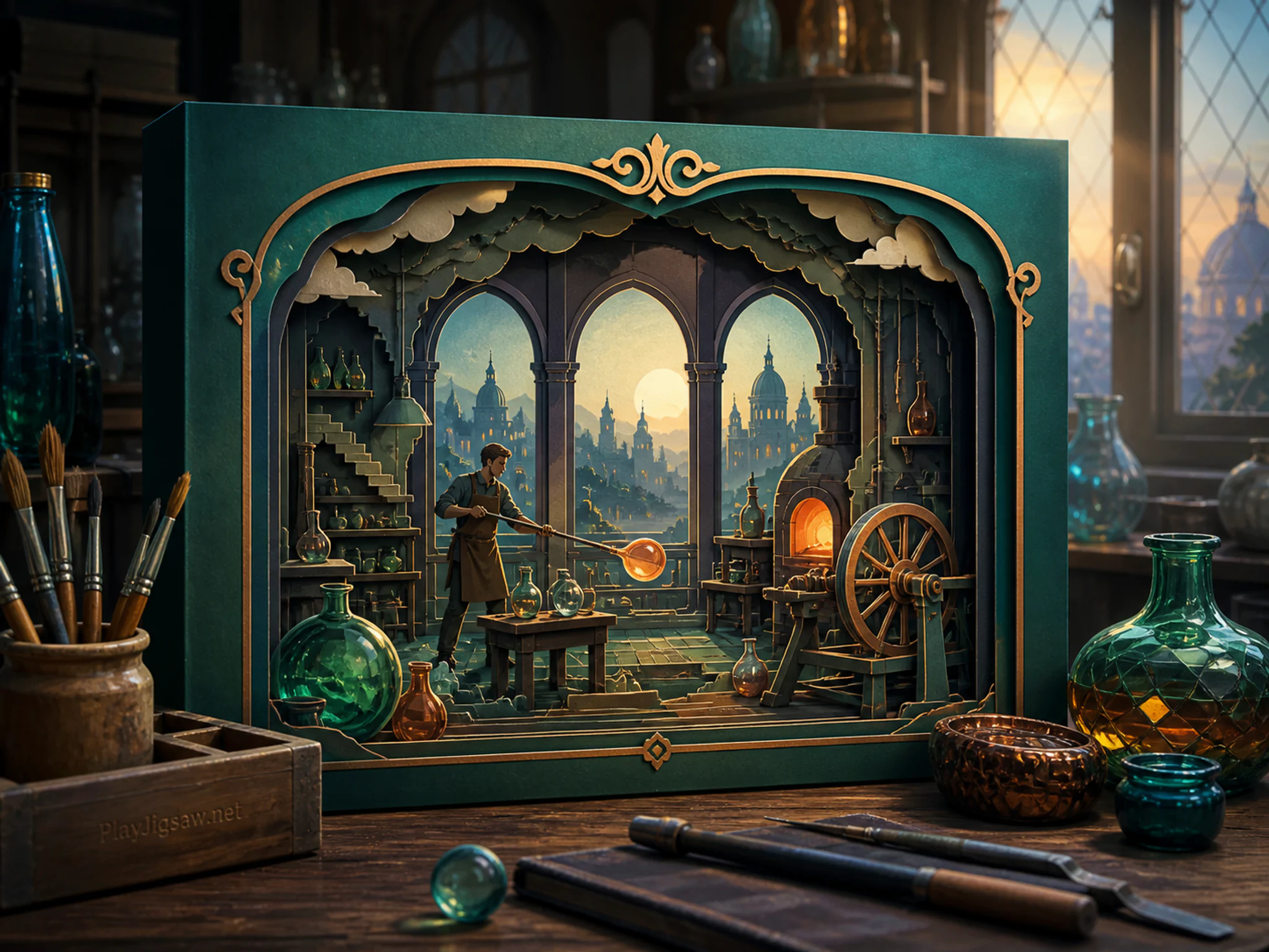Paper Theater cooling alongside turning banding wheel in a jewel-toned glass workshop, with layered scenery and calm misty dawn.