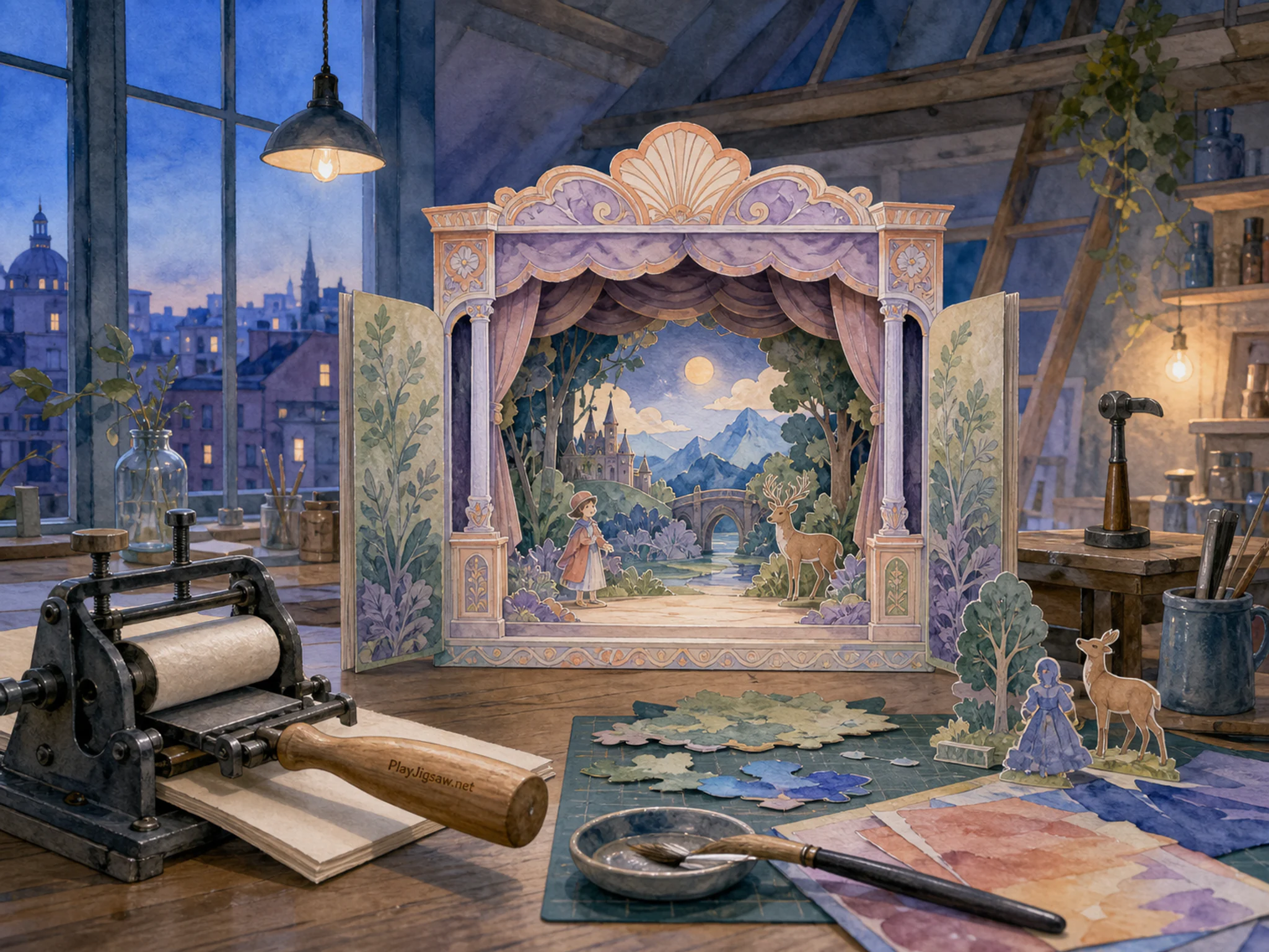 Paper Theater being prepared near small chasing hammer in an airy artist loft, with layered scenery and cool blue-hour light.