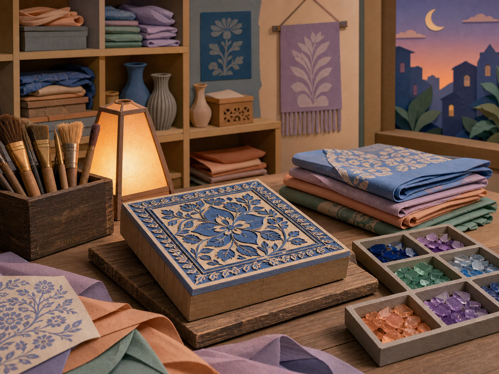 Block Print Table cooling alongside sorted colored glass tray in a textile room with open shelving, with layered scenery and golden lamplight at dusk.