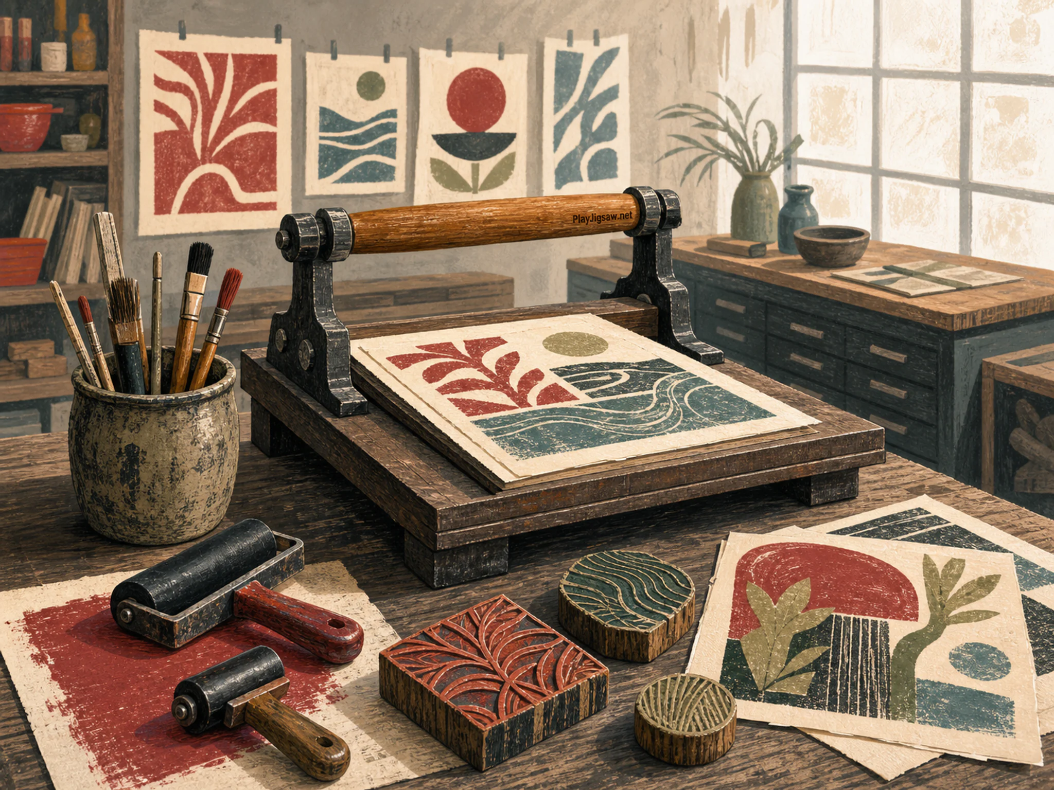 Block Print Table being prepared near well-used brush cup in a practical maker forge, with layered scenery and bright diffused window light.