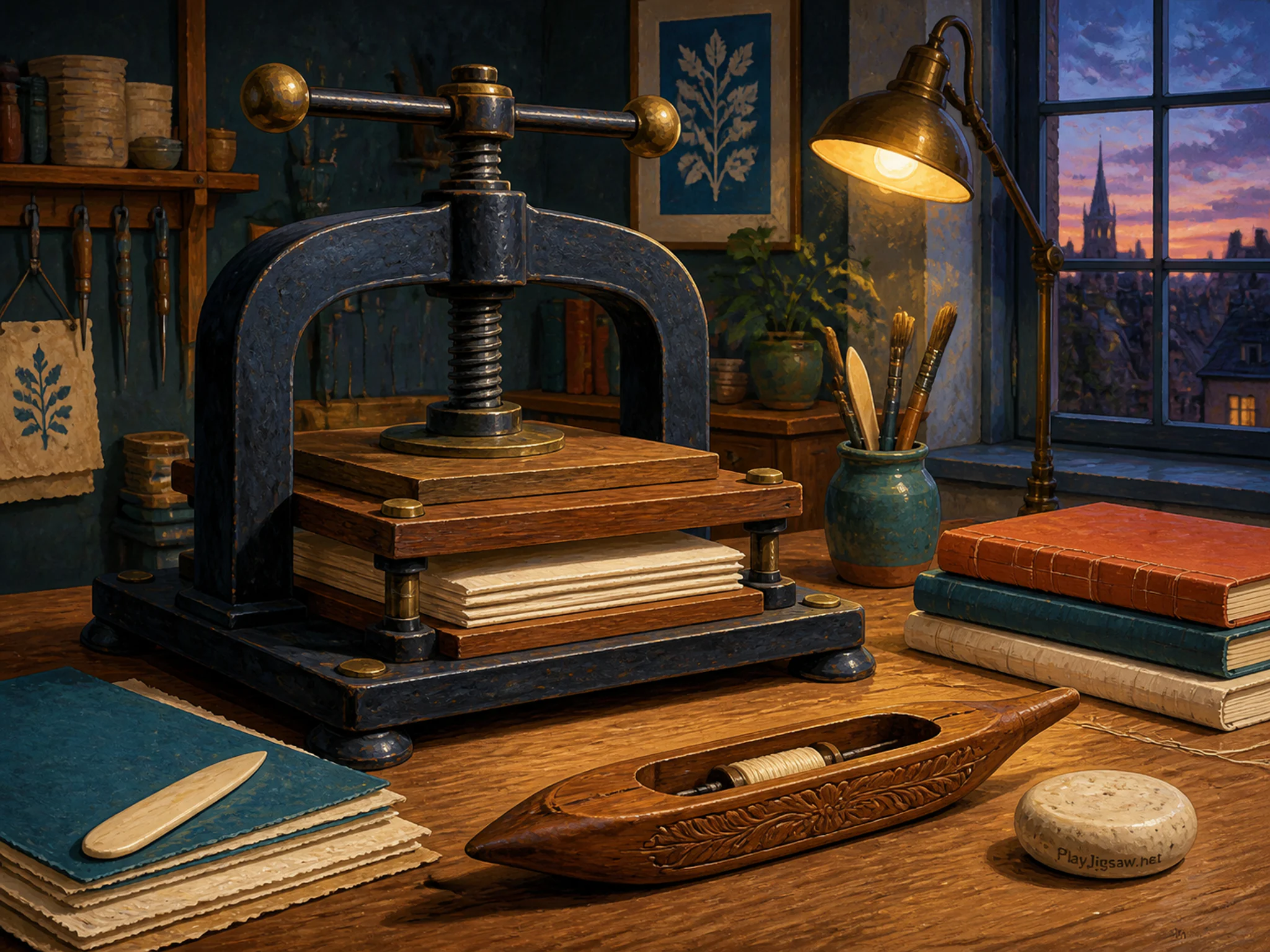 Bookbinding Press waiting beside carved wooden shuttle in a north-lit studio table, with layered scenery and golden lamplight at dusk.